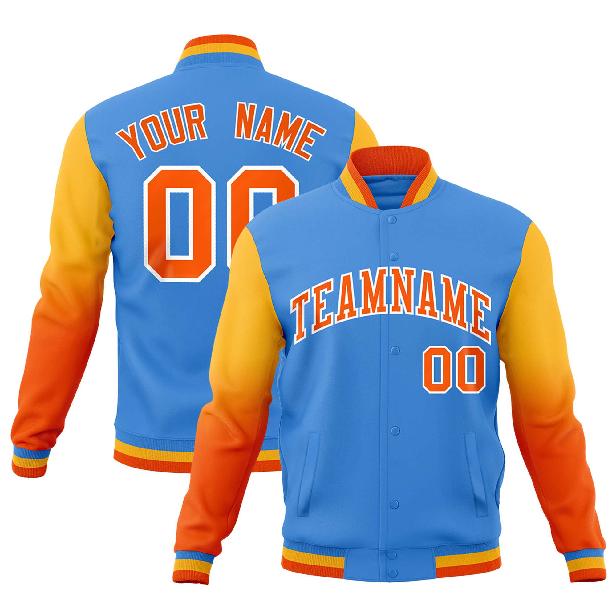 Custom Powder Blue Orange White Full-Snap Varsity Raglan Sleeves Gradient Letterman Jacket| KXKSHOP