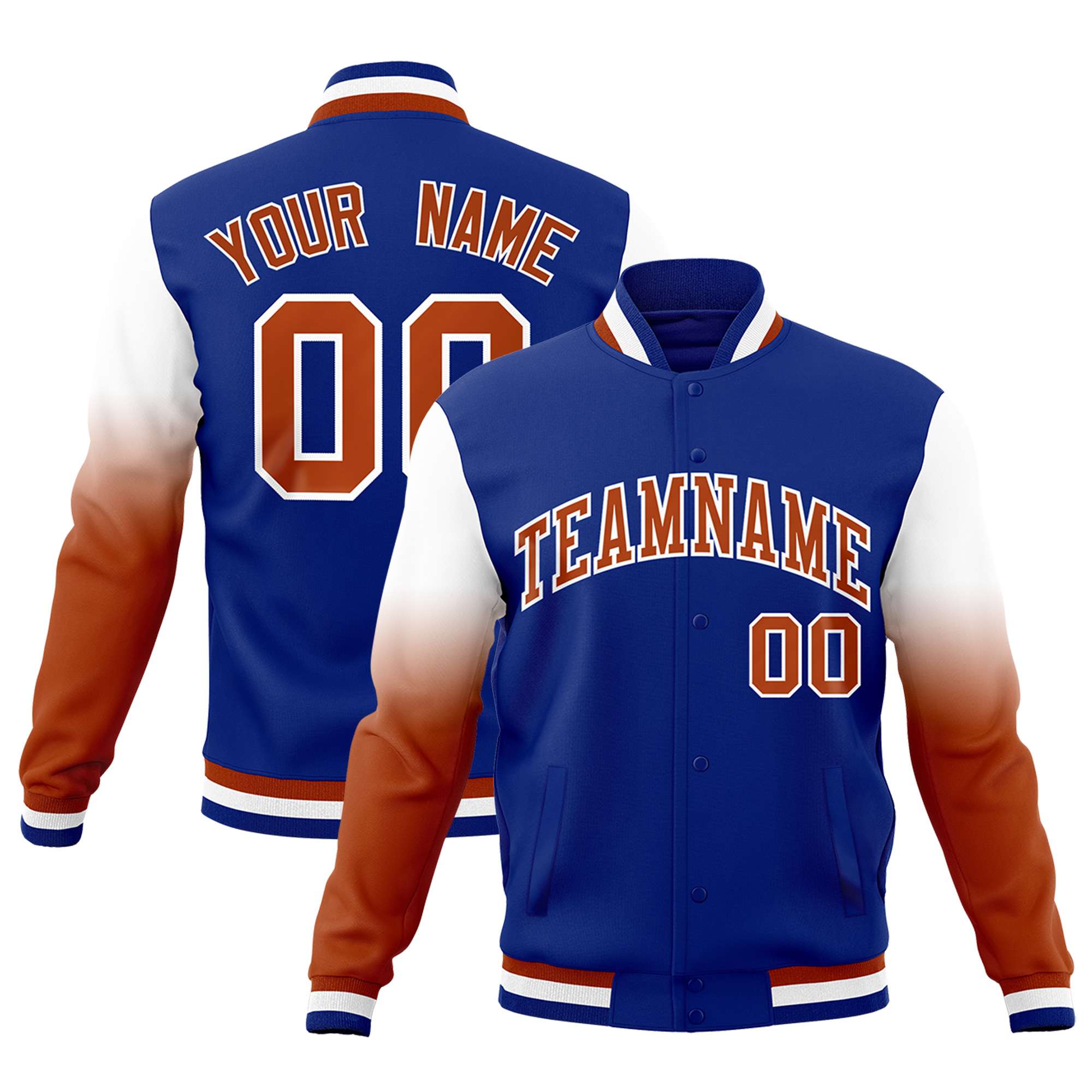 Custom Royal Blue Dark Orange White Full-Snap Varsity Raglan Sleeves Gradient Letterman Jacket| KXKSHOP