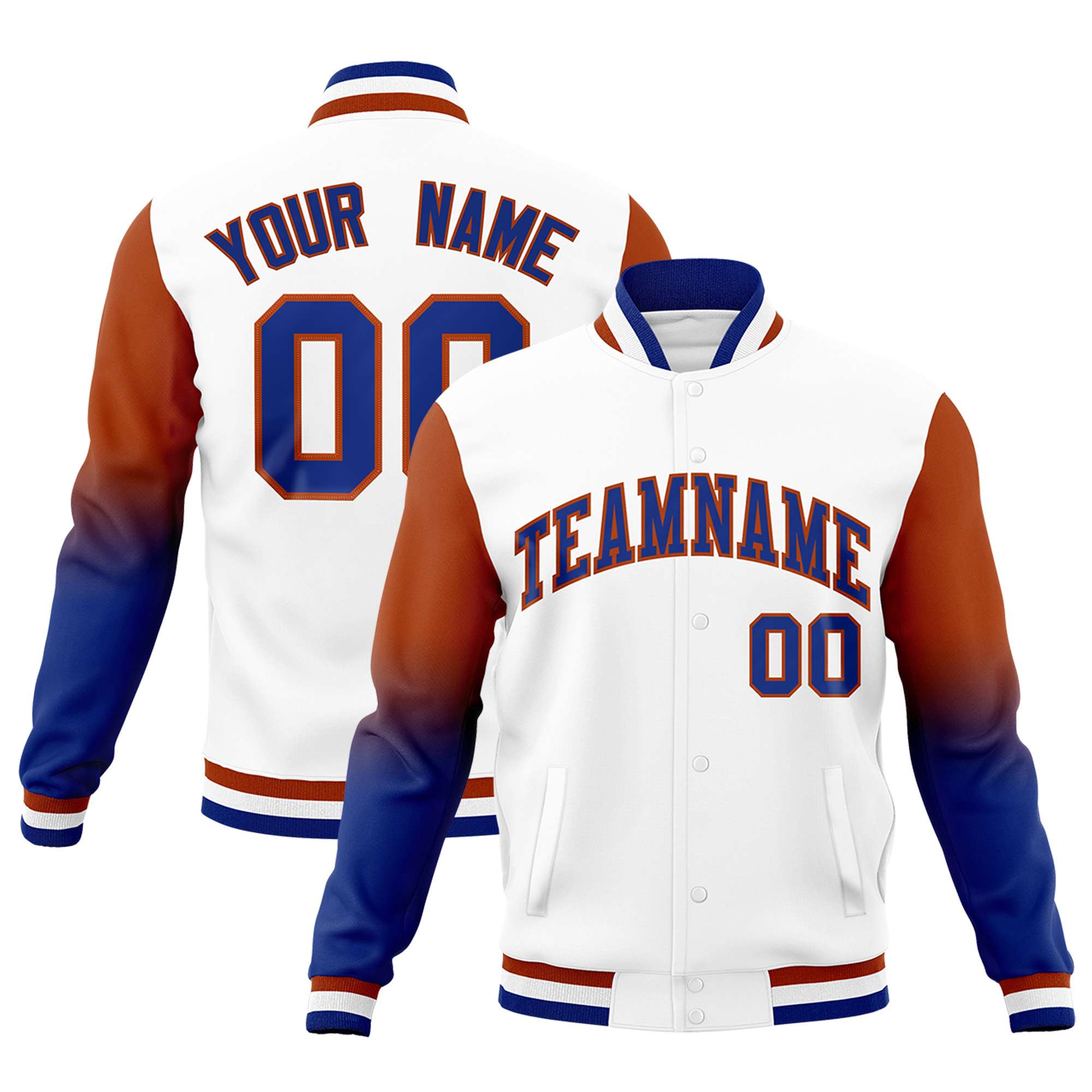 Custom White Royal Blue Dark Orange Full-Snap Varsity Raglan Sleeves Gradient Letterman Jacket| KXKSHOP