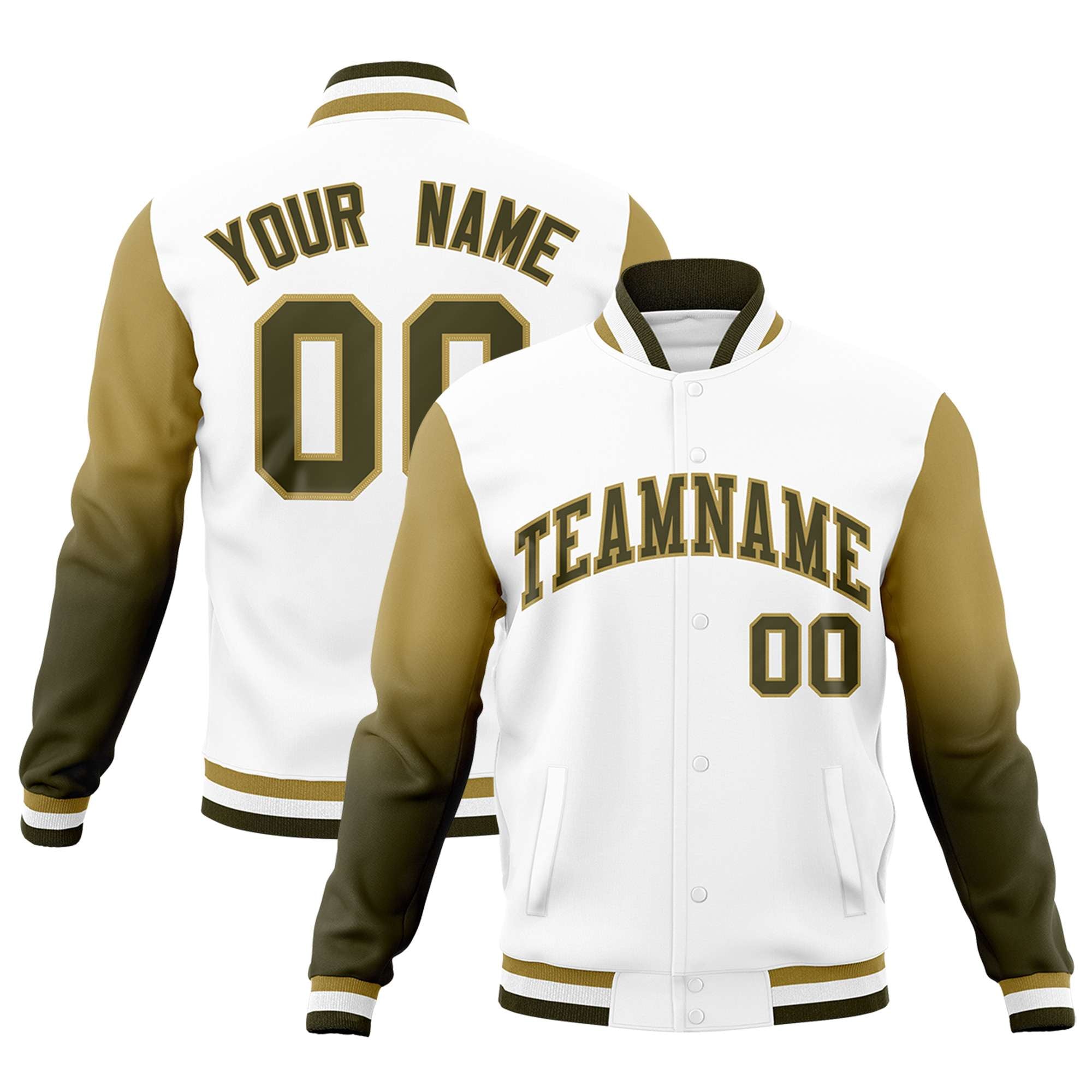 Custom White Olive Desert Yellow Full-Snap Varsity Raglan Sleeves Gradient Letterman Jacket| KXKSHOP