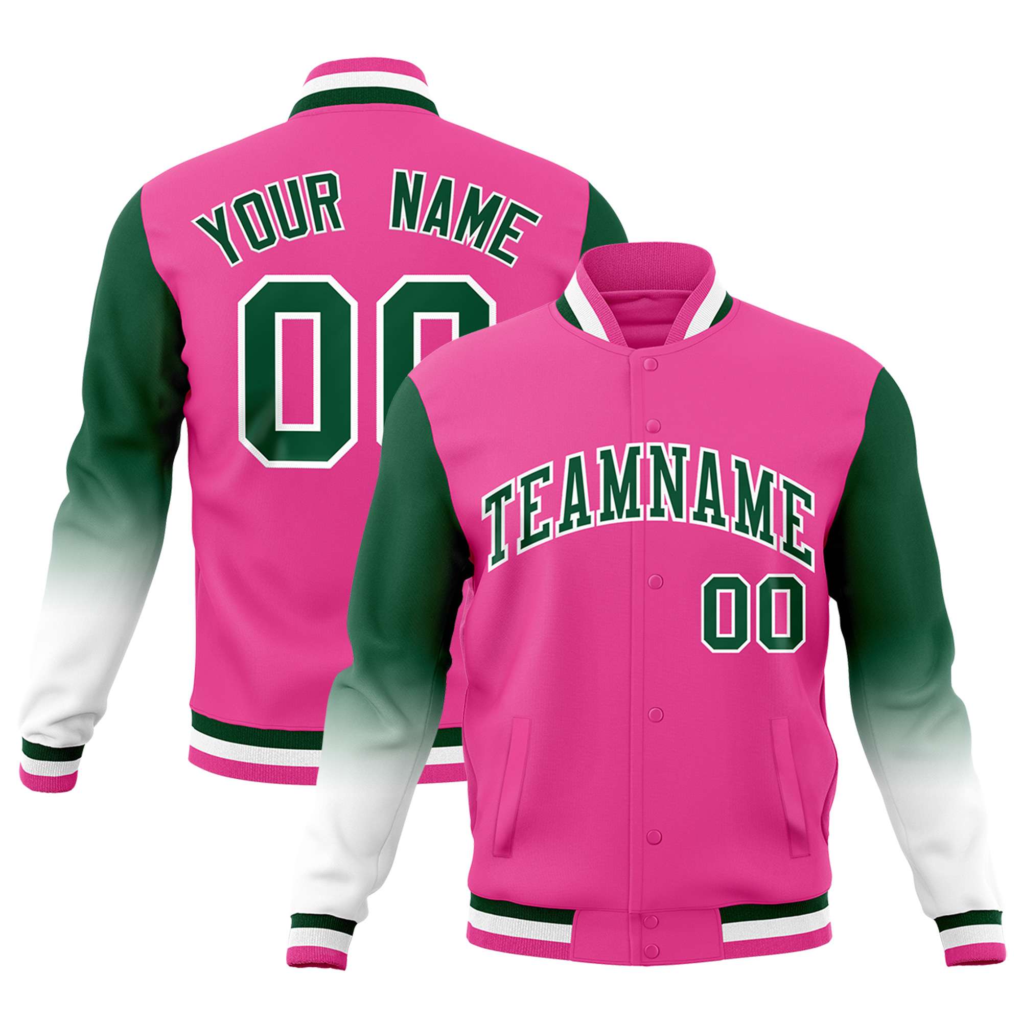 Custom Pink Green White Full-Snap Varsity Raglan Sleeves Gradient Letterman Jacket| KXKSHOP