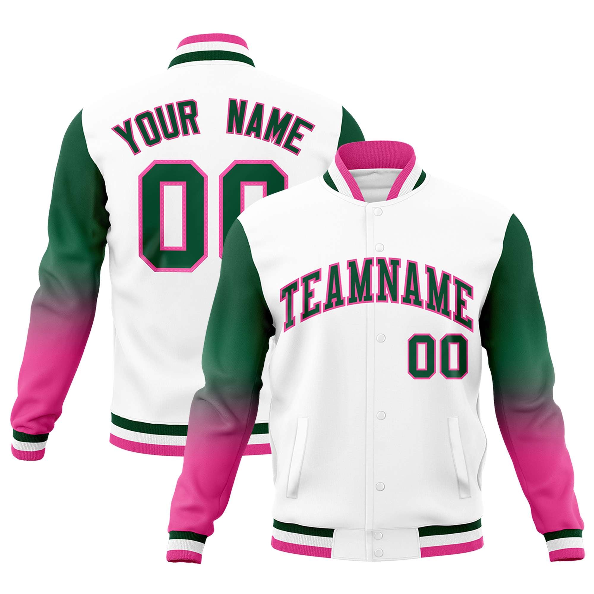 Custom White Green Pink Full-Snap Varsity Raglan Sleeves Gradient Letterman Jacket| KXKSHOP