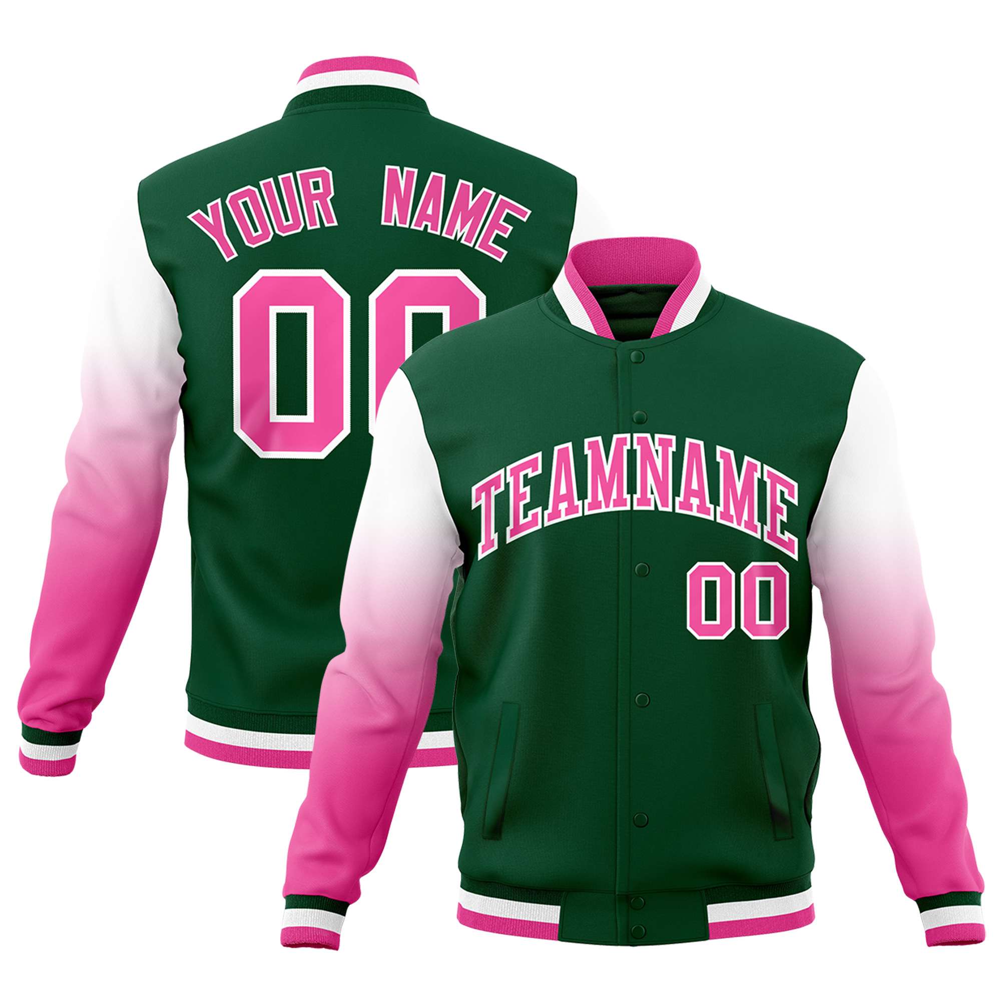 Custom Green Pink White Full-Snap Varsity Raglan Sleeves Gradient Letterman Jacket| KXKSHOP