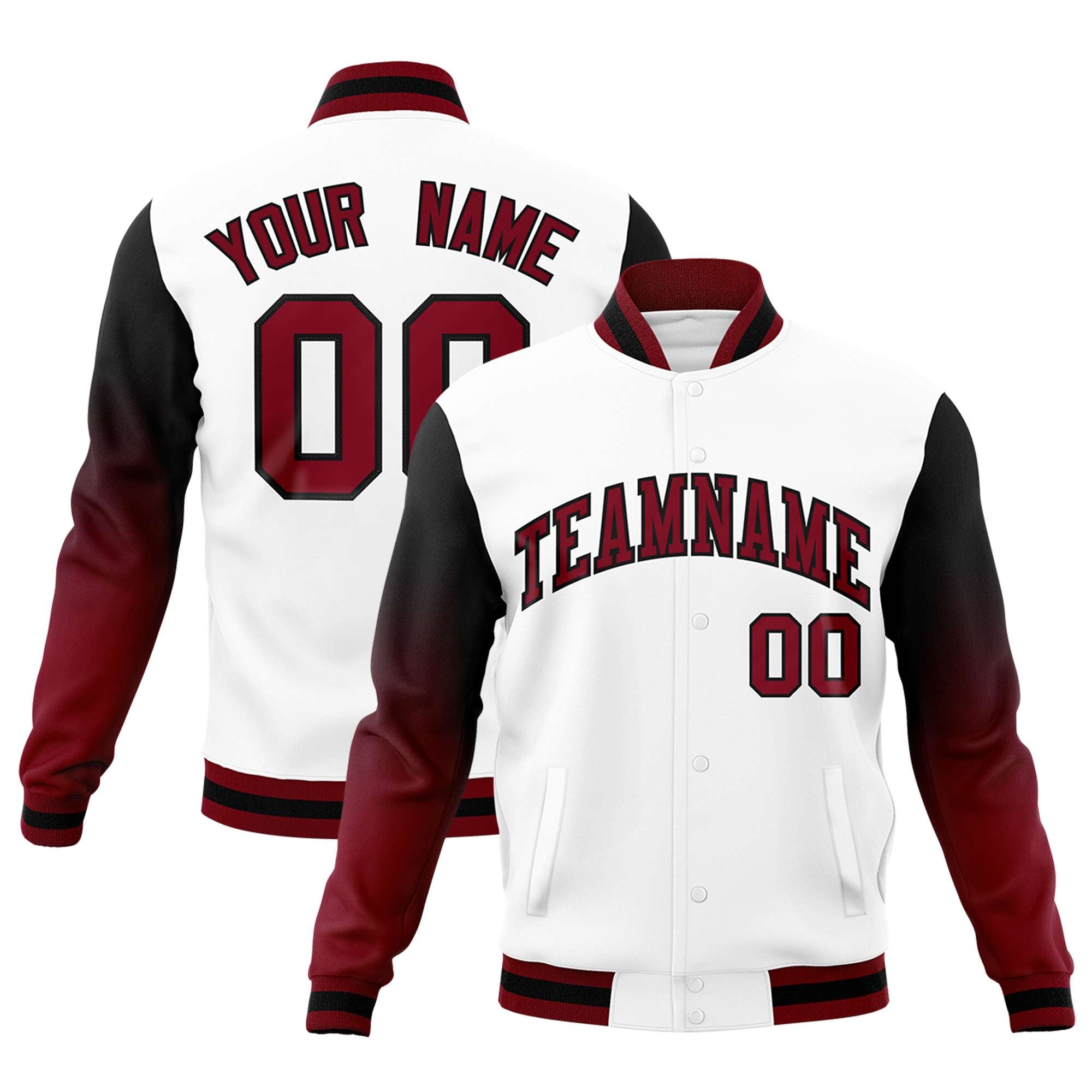 Custom White Crimson Black Full-Snap Varsity Raglan Sleeves Gradient Letterman Jacket| KXKSHOP