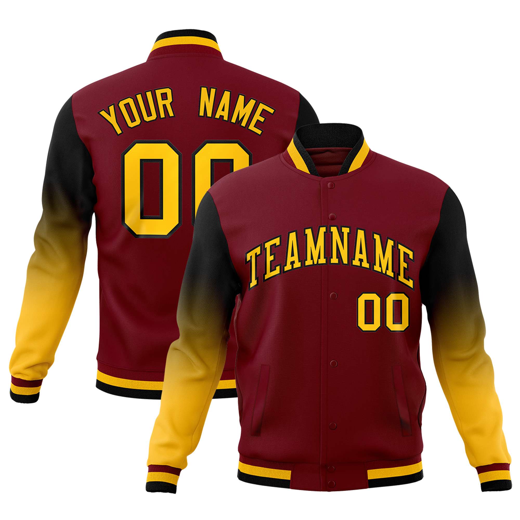 Custom Crimson Gold Black Full-Snap Varsity Raglan Sleeves Gradient Letterman Jacket| KXKSHOP