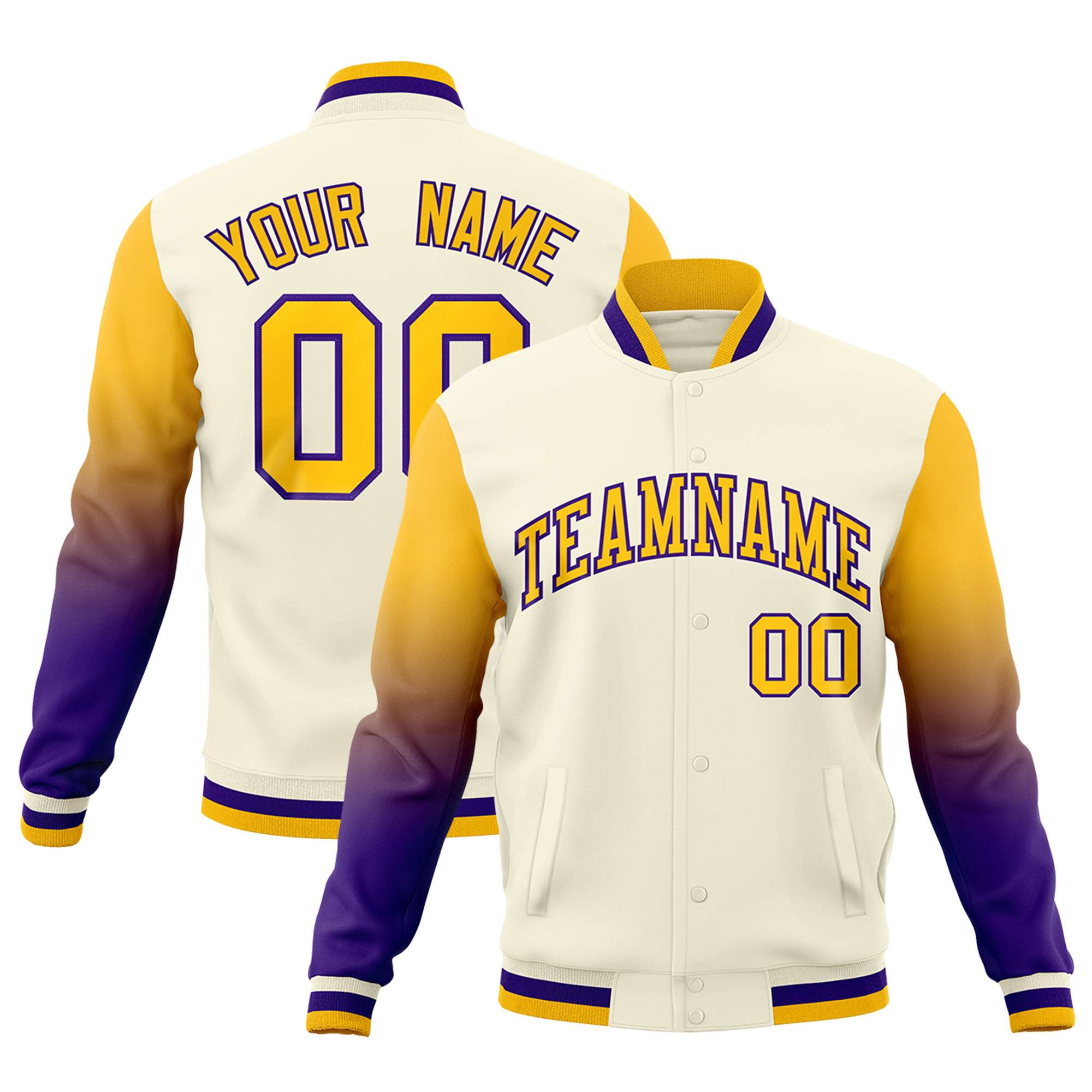 Custom Cream Gold Purple Full-Snap Varsity Raglan Sleeves Gradient Letterman Jacket| KXKSHOP