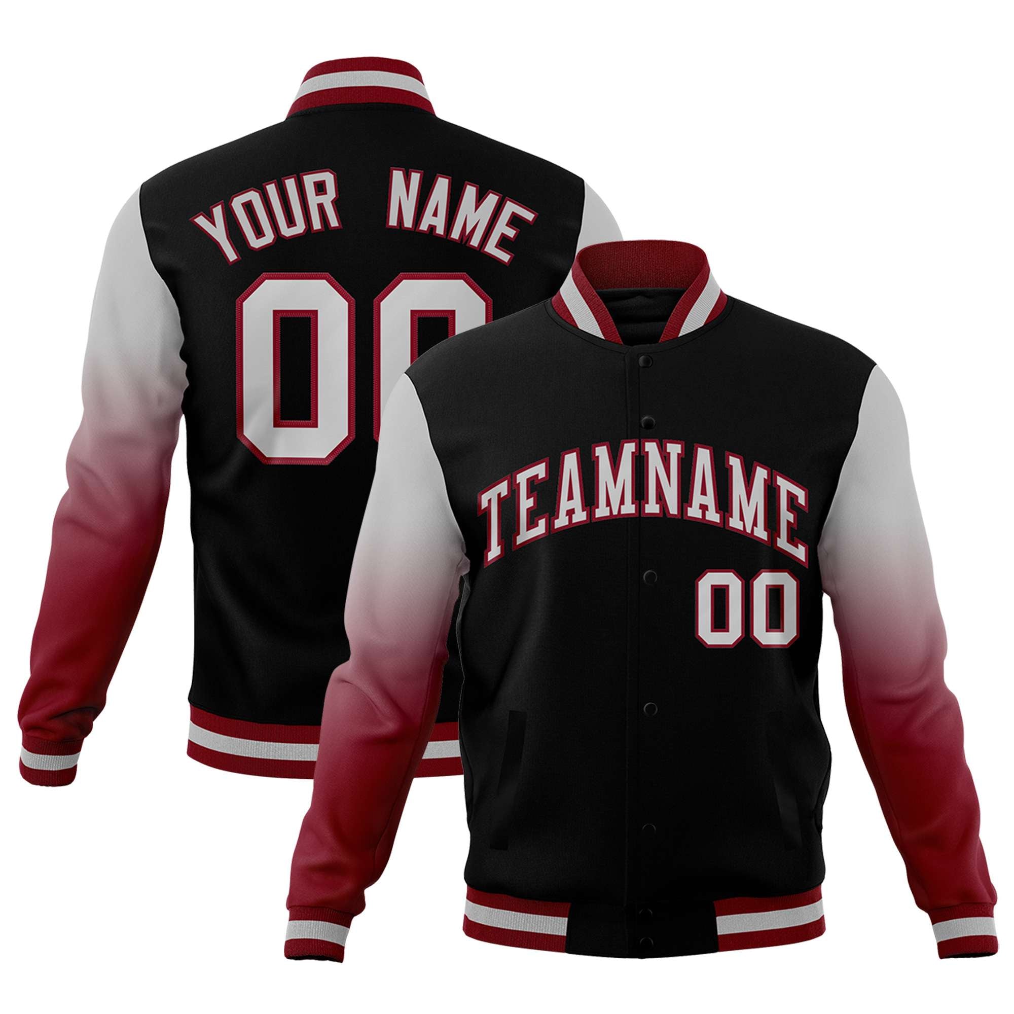 Custom Black Gray Crimson Full-Snap Varsity Raglan Sleeves Gradient Letterman Jacket| KXKSHOP