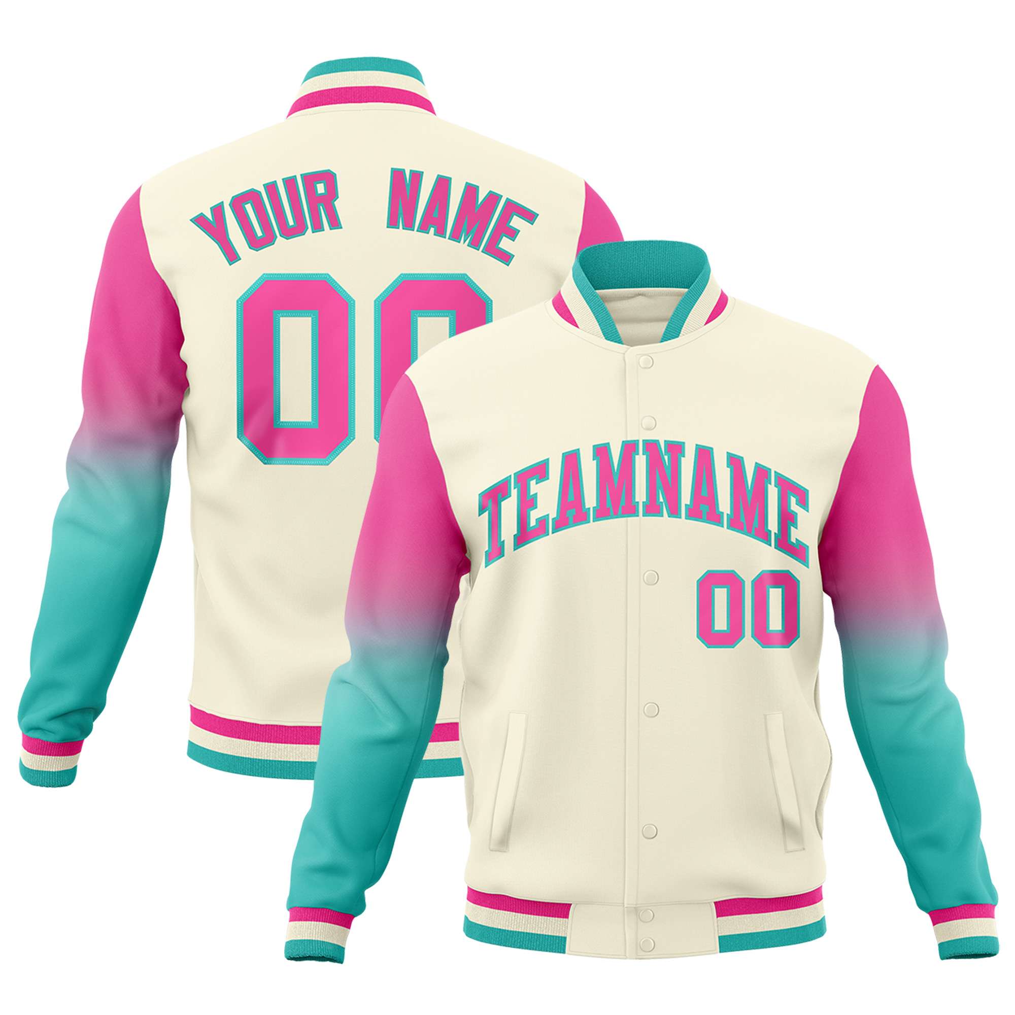 Custom Cream Pink Bright Green Full-Snap Varsity Raglan Sleeves Gradient Letterman Jacket| KXKSHOP