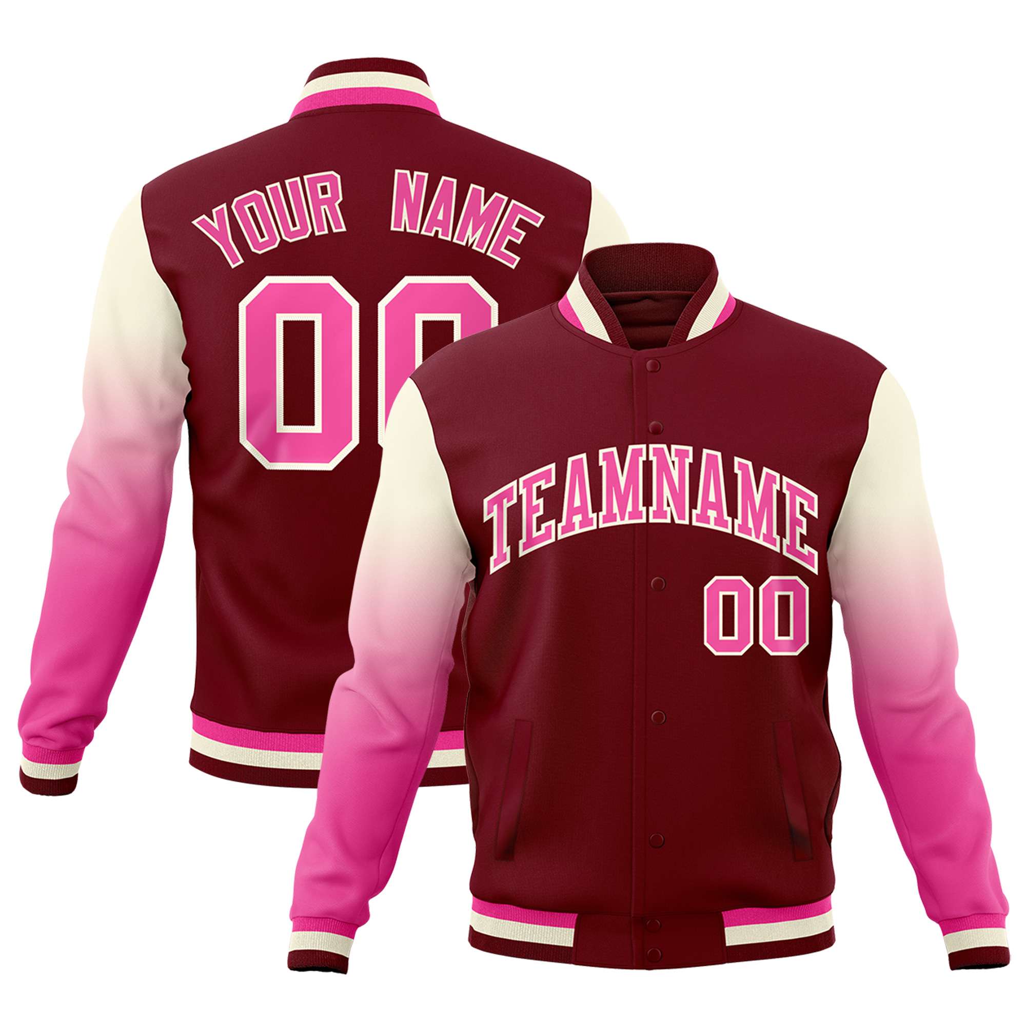 Custom Crimson Pink Cream Full-Snap Varsity Raglan Sleeves Gradient Letterman Jacket| KXKSHOP