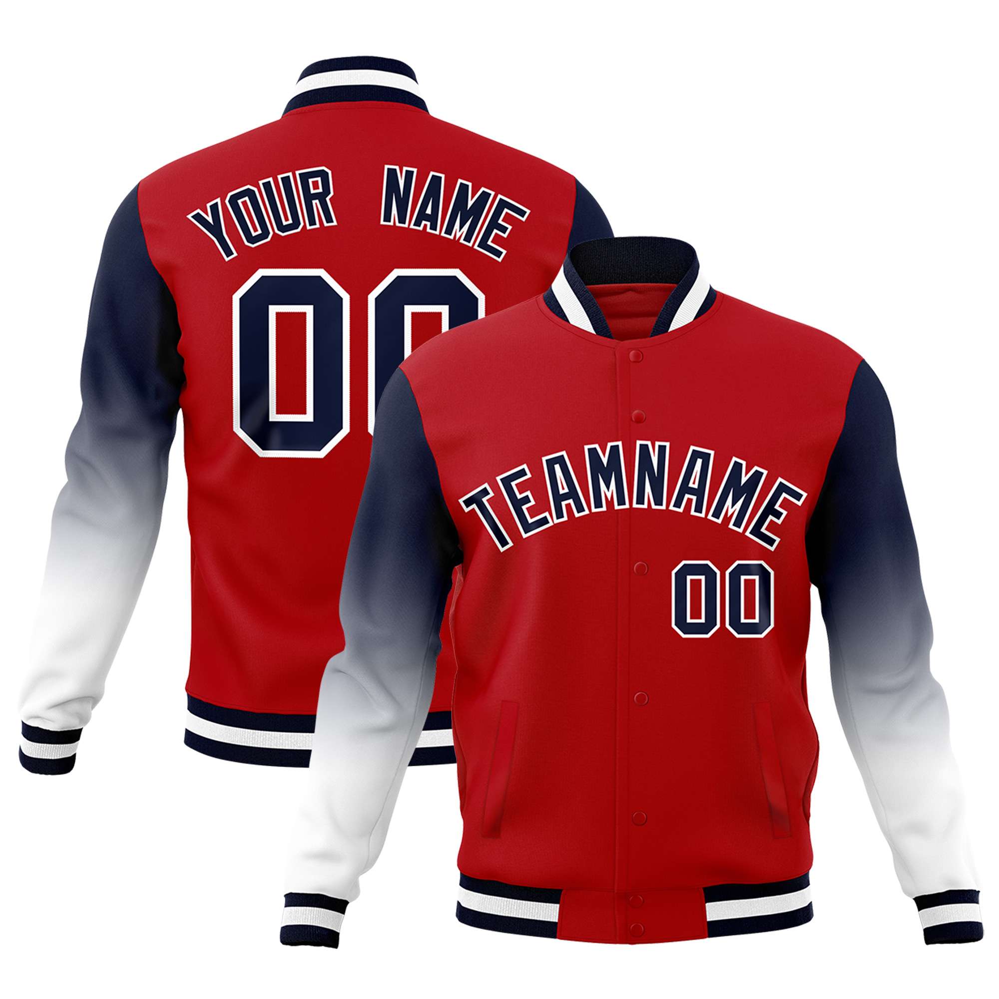 Custom Red Navy White Full-Snap Varsity Raglan Sleeves Gradient Letterman Jacket| KXKSHOP