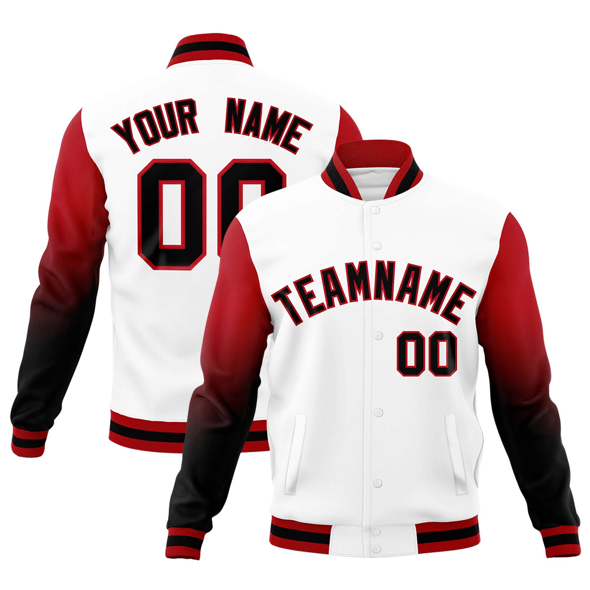 Custom White Black Red Full-Snap Varsity Raglan Sleeves Gradient Letterman Jacket| KXKSHOP