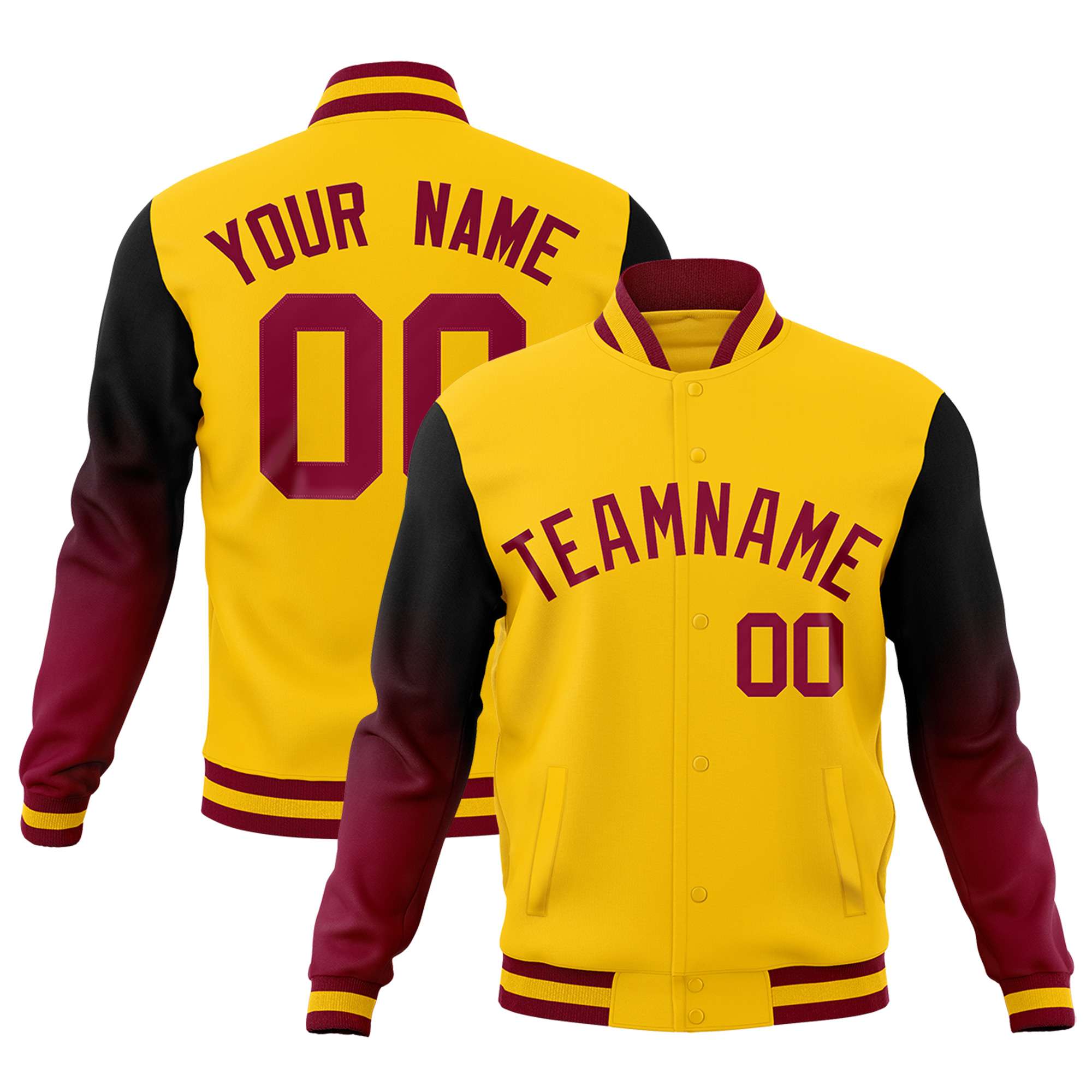 Custom Gold Black Crimson Full-Snap Varsity Raglan Sleeves Gradient Letterman Jacket| KXKSHOP