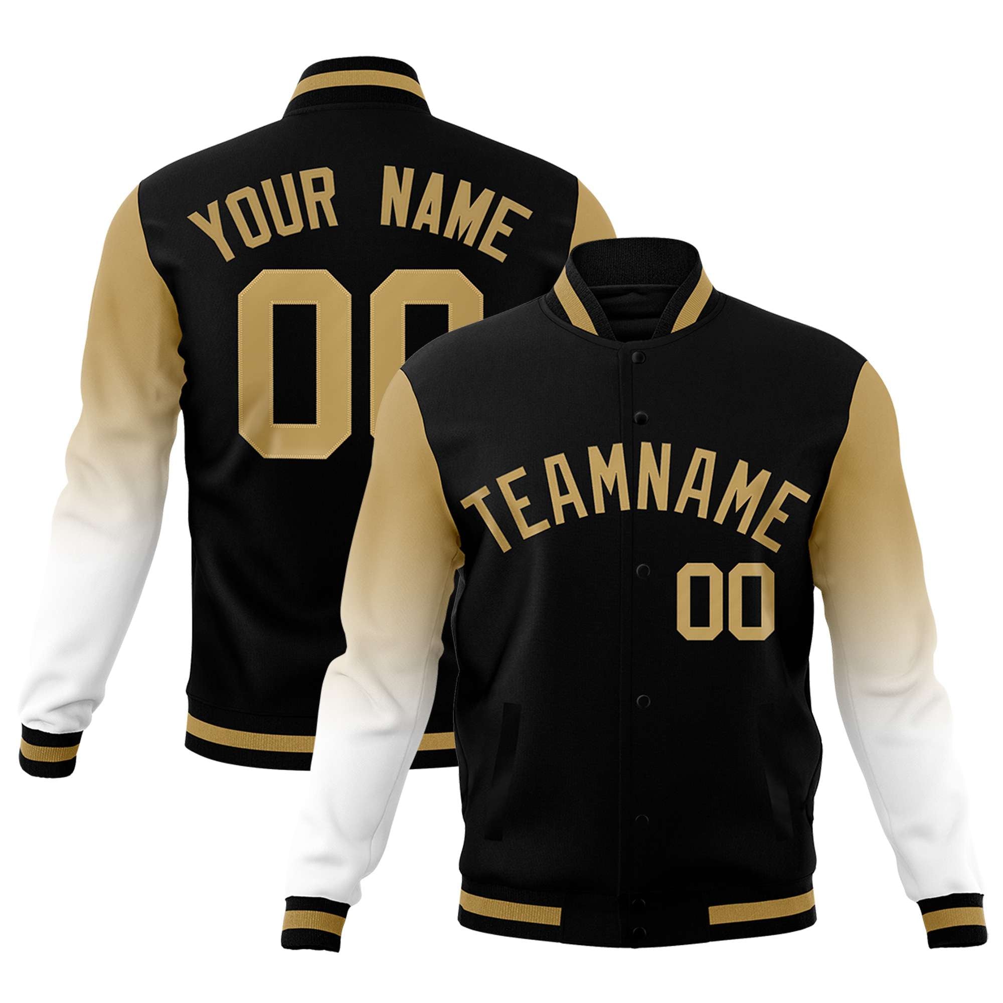 Custom Black White Old Gold Full-Snap Varsity Raglan Sleeves Gradient Letterman Jacket| KXKSHOP