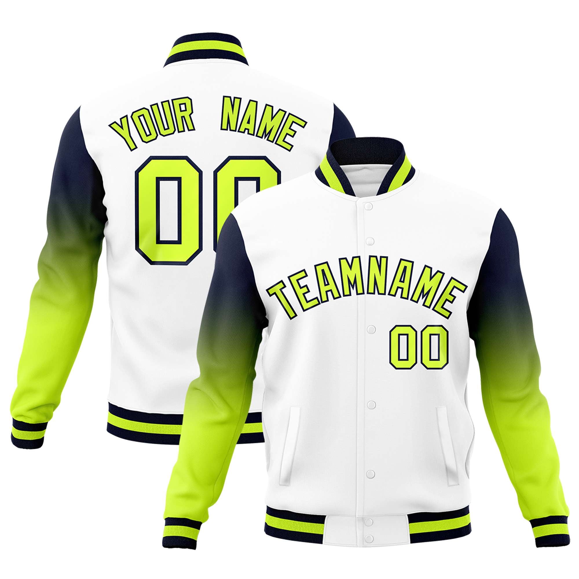 Custom White Neon Green Navy Full-Snap Varsity Raglan Sleeves Gradient Letterman Jacket| KXKSHOP