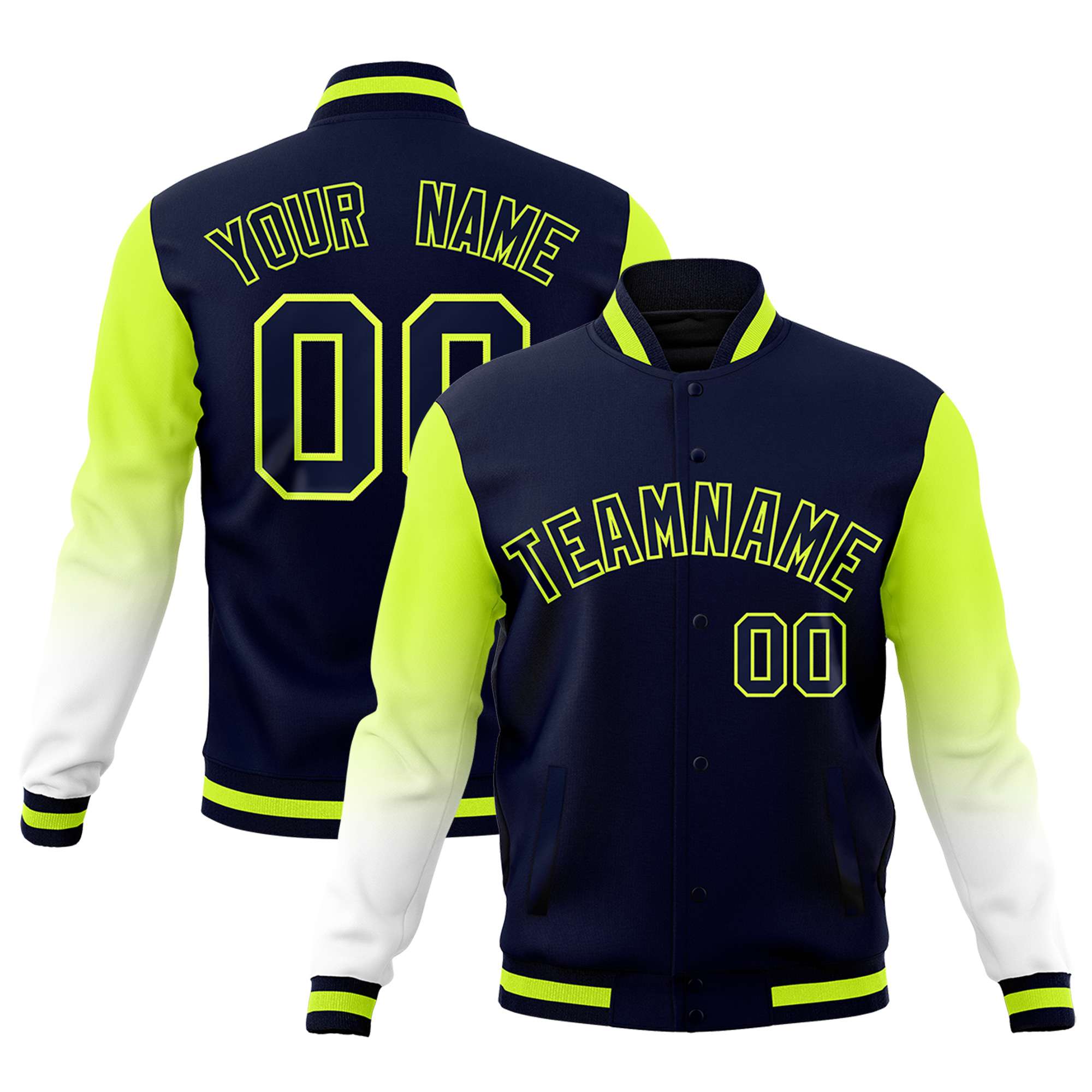 Custom Navy White Neon Green Full-Snap Varsity Raglan Sleeves Gradient Letterman Jacket| KXKSHOP