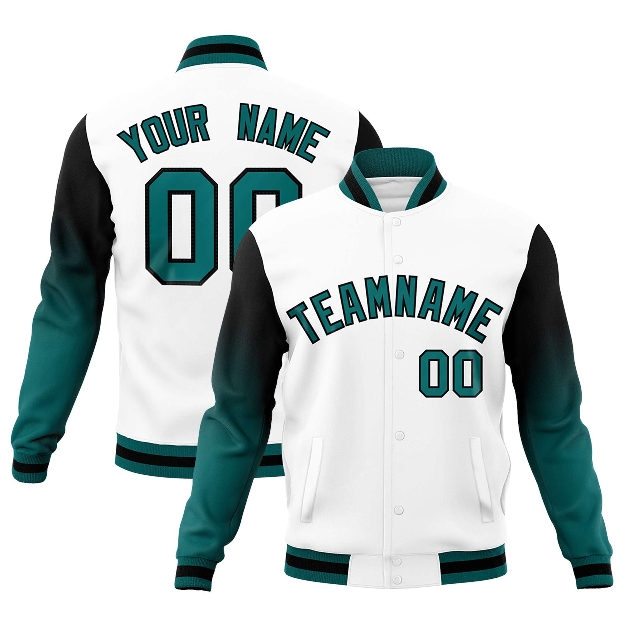 Custom White Teal Black Full-Snap Varsity Raglan Sleeves Gradient Letterman Jacket| KXKSHOP