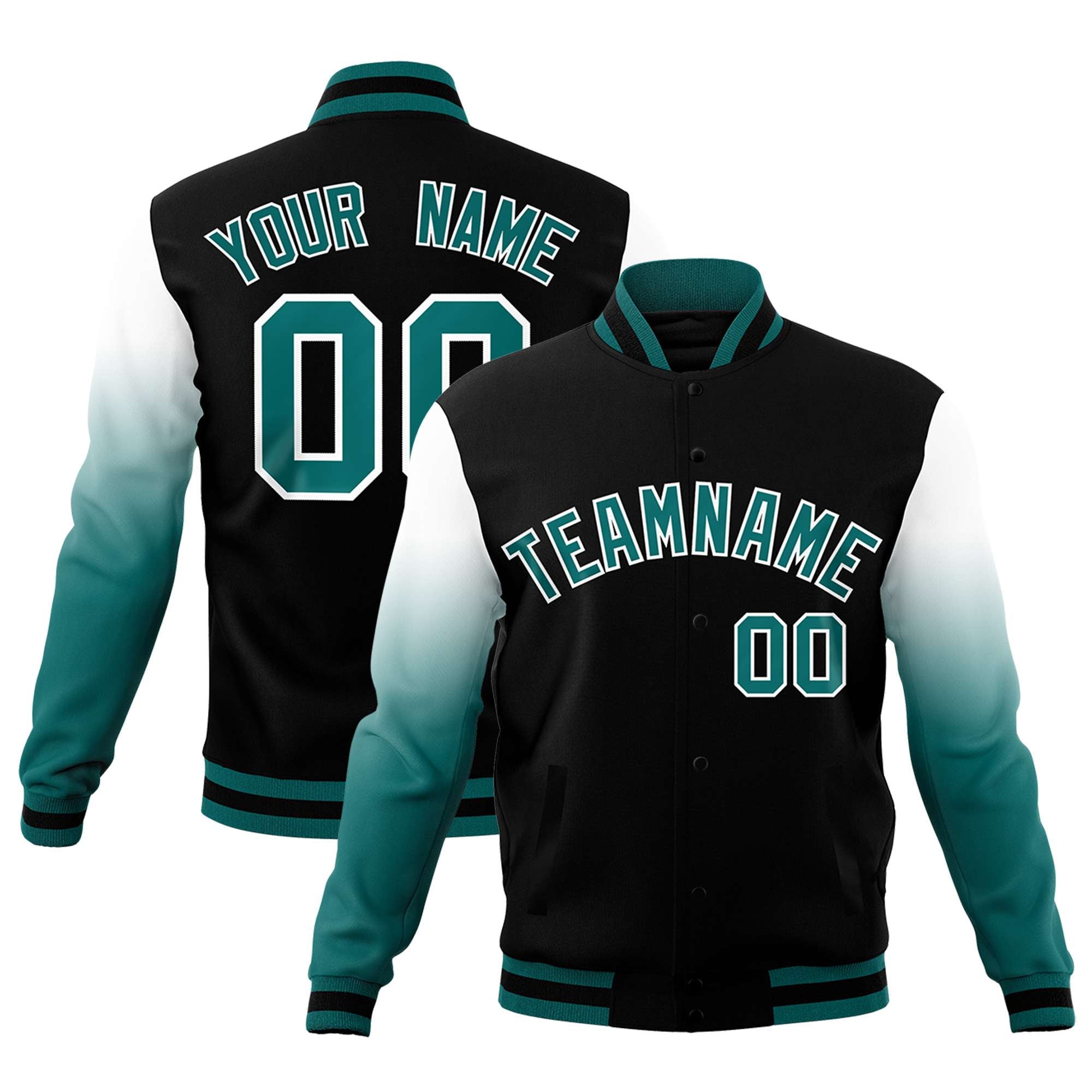 Custom Black Teal White Full-Snap Varsity Raglan Sleeves Gradient Letterman Jacket| KXKSHOP