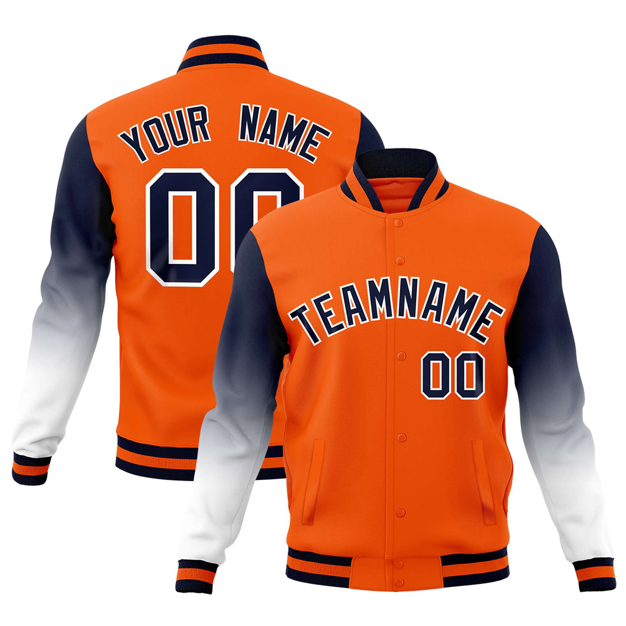 Custom Orange Navy White Full-Snap Varsity Raglan Sleeves Gradient Letterman Jacket| KXKSHOP