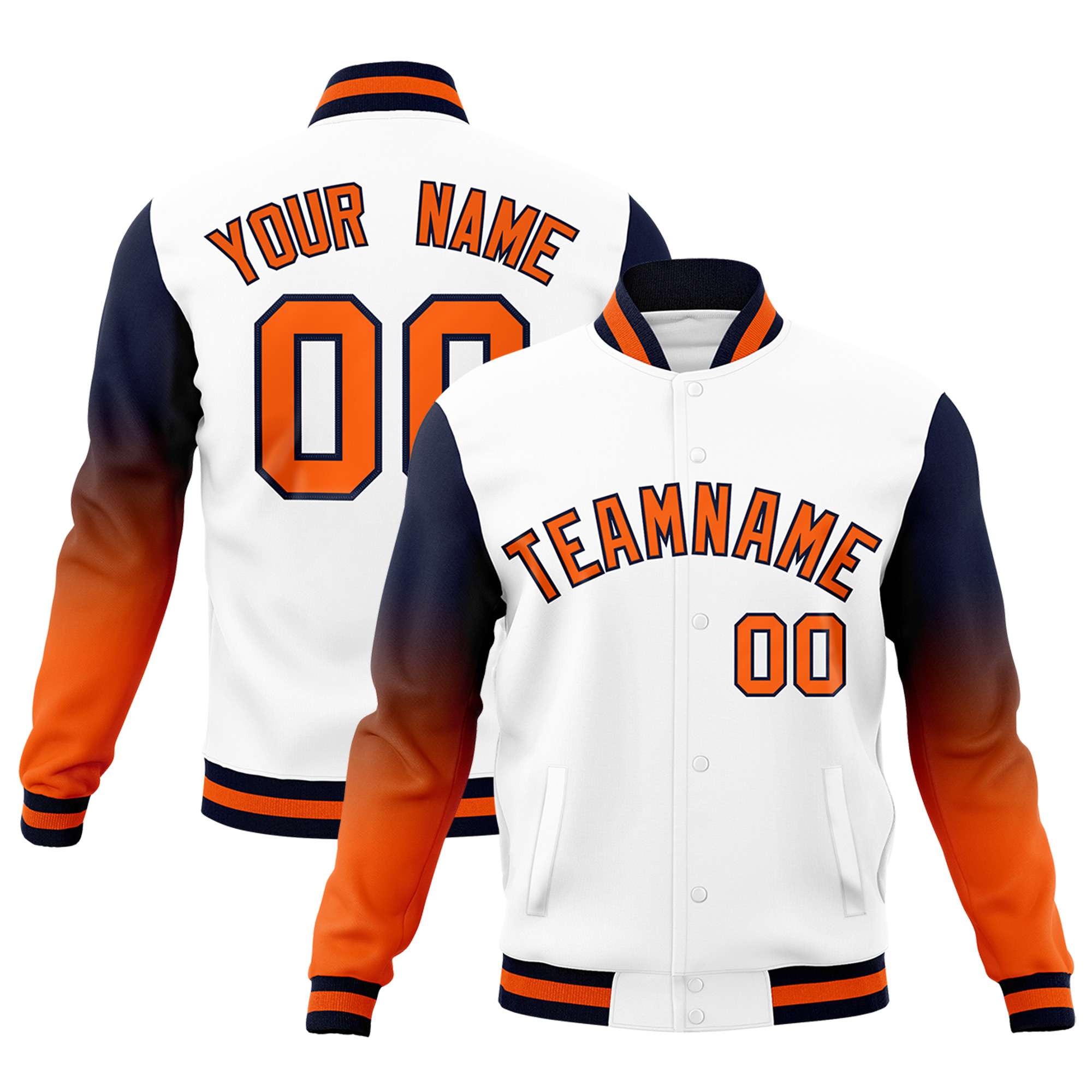 Custom White Orange Navy Full-Snap Varsity Raglan Sleeves Gradient Letterman Jacket| KXKSHOP