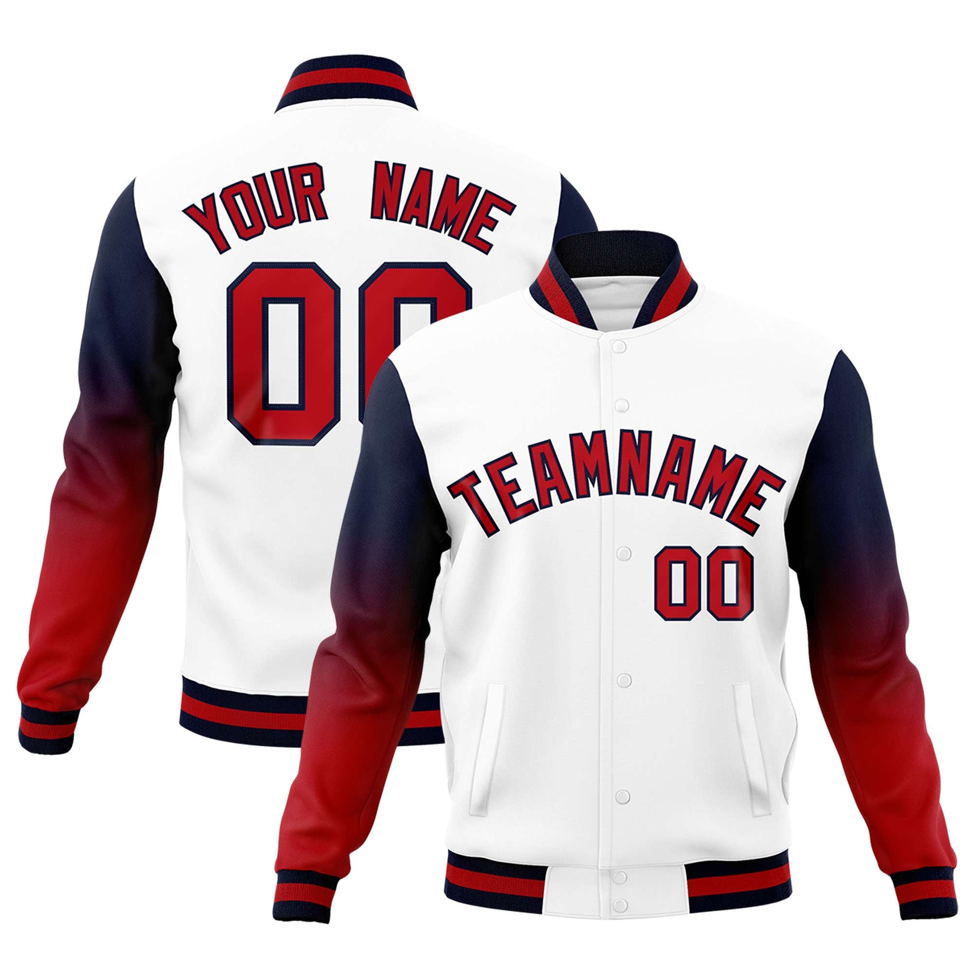 Custom White Red Black Full-Snap Varsity Raglan Sleeves Gradient Letterman Jacket| KXKSHOP