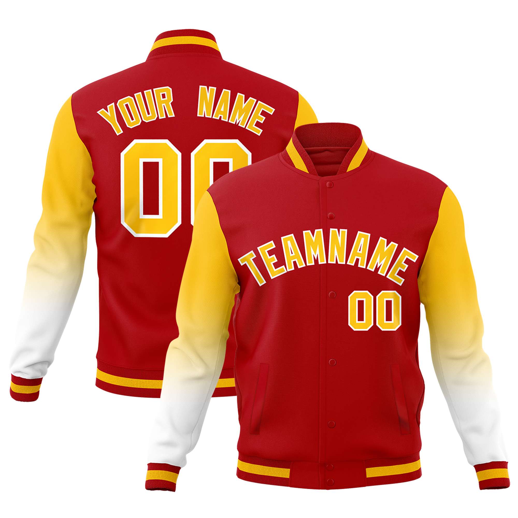 Custom Red Gold White Full-Snap Varsity Raglan Sleeves Gradient Letterman Jacket| KXKSHOP