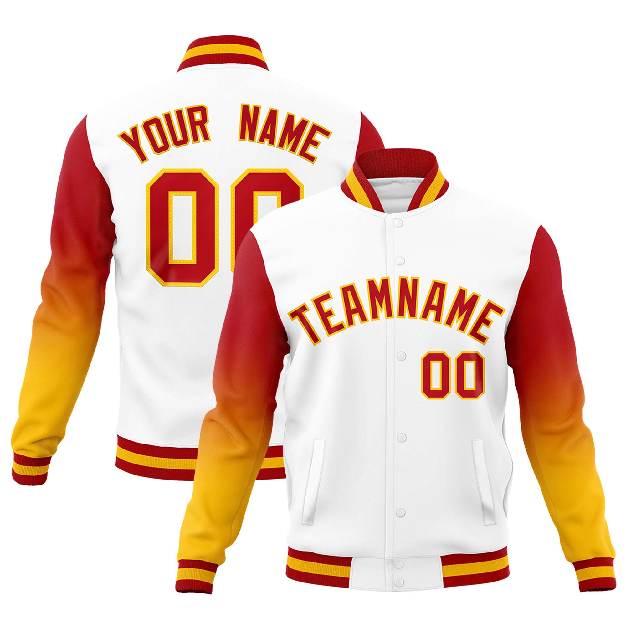 Custom White Red Gold Full-Snap Varsity Raglan Sleeves Gradient Letterman Jacket| KXKSHOP