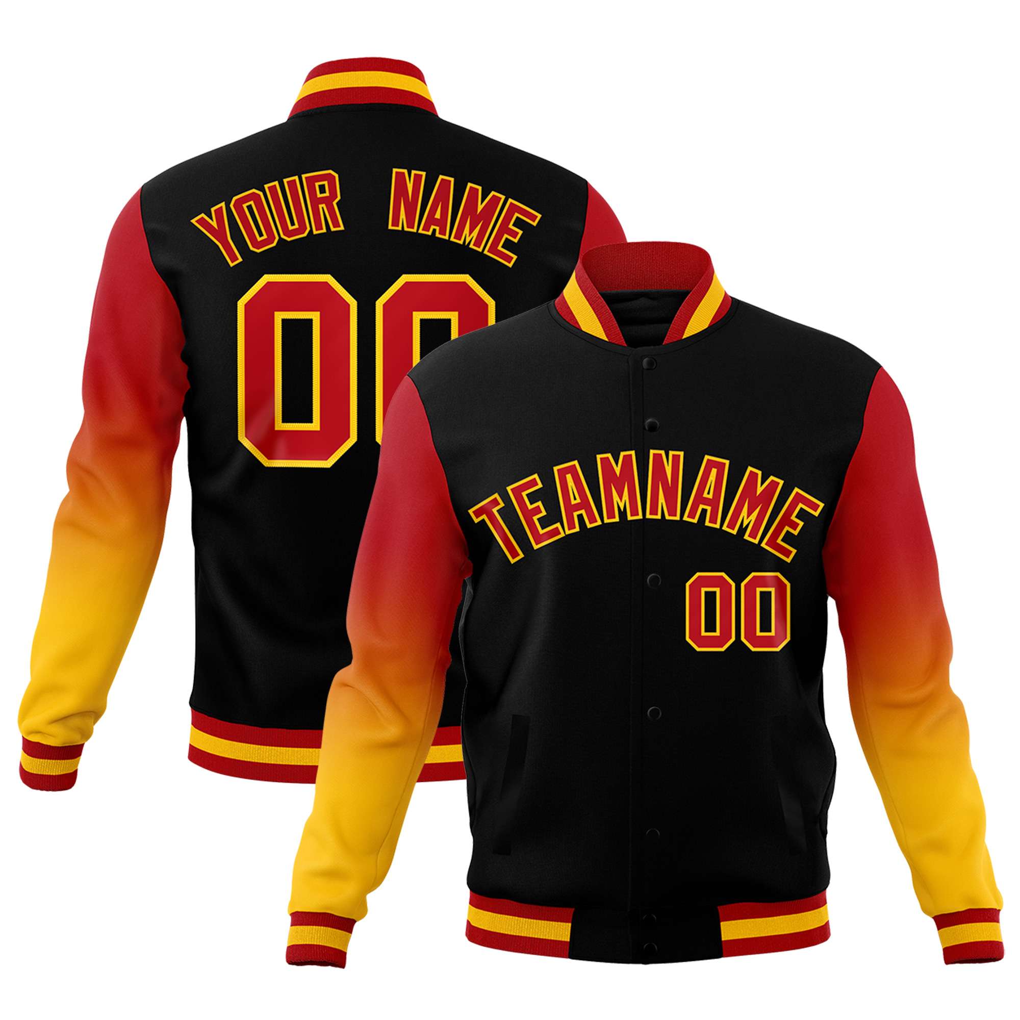 Custom Black Red Gold Full-Snap Varsity Raglan Sleeves Gradient Letterman Jacket| KXKSHOP