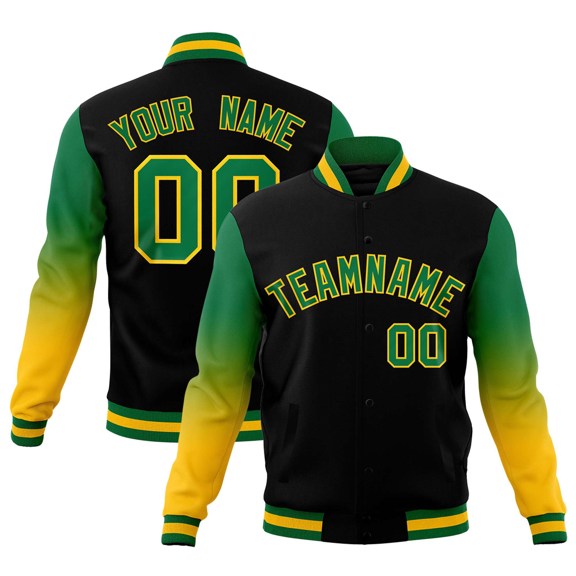 Custom Black Kelly Green Gold Full-Snap Varsity Raglan Sleeves Gradient Letterman Jacket| KXKSHOP