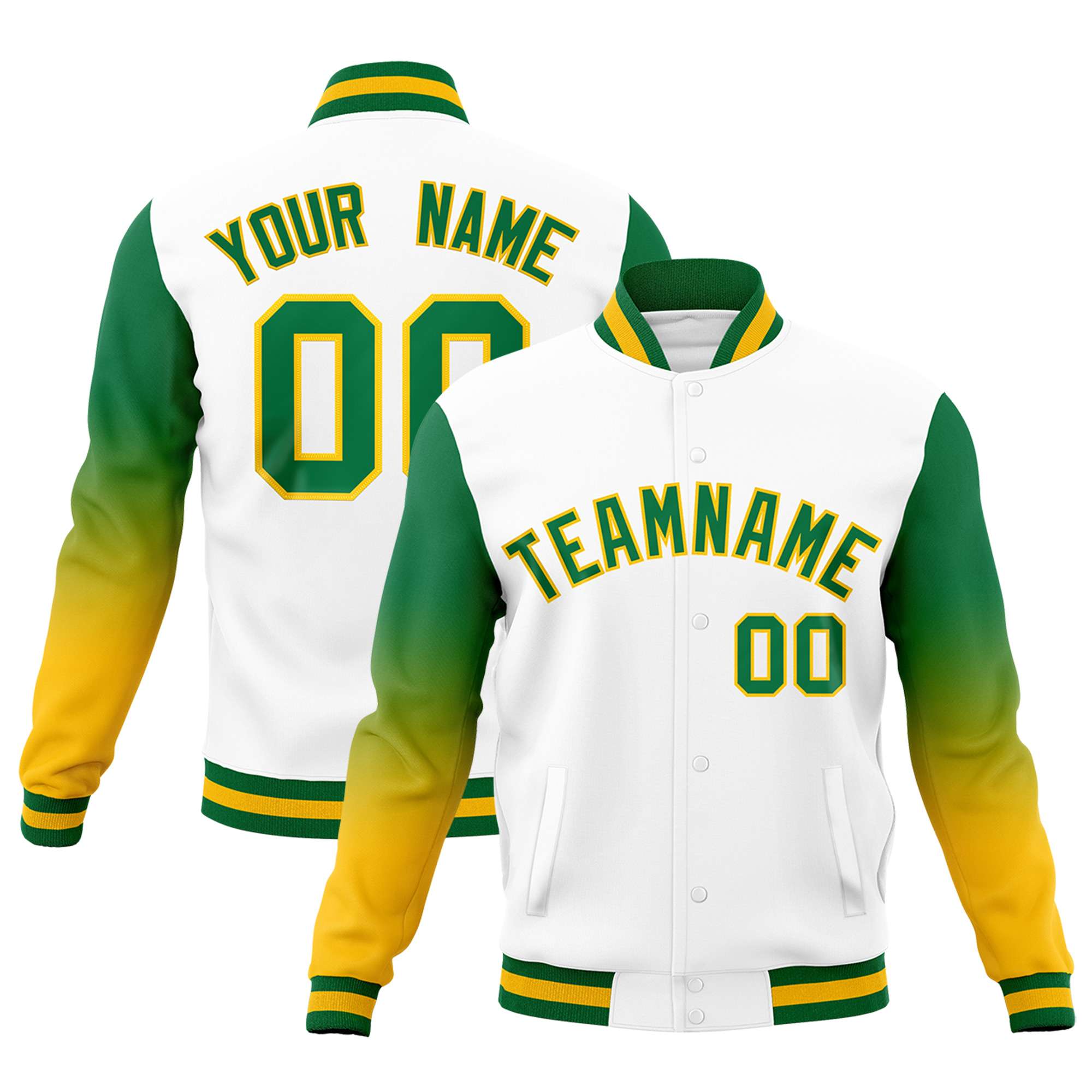 Custom White Kelly Green Gold Full-Snap Varsity Raglan Sleeves Gradient Letterman Jacket| KXKSHOP