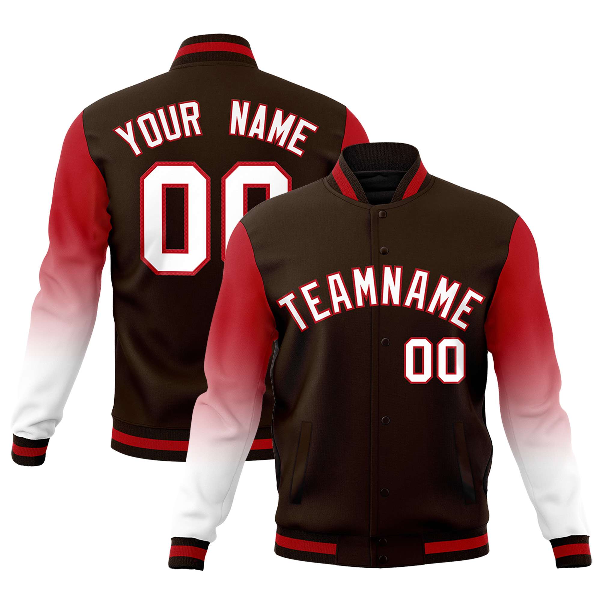 Custom Brown White Red Full-Snap Varsity Raglan Sleeves Gradient Letterman Jacket| KXKSHOP