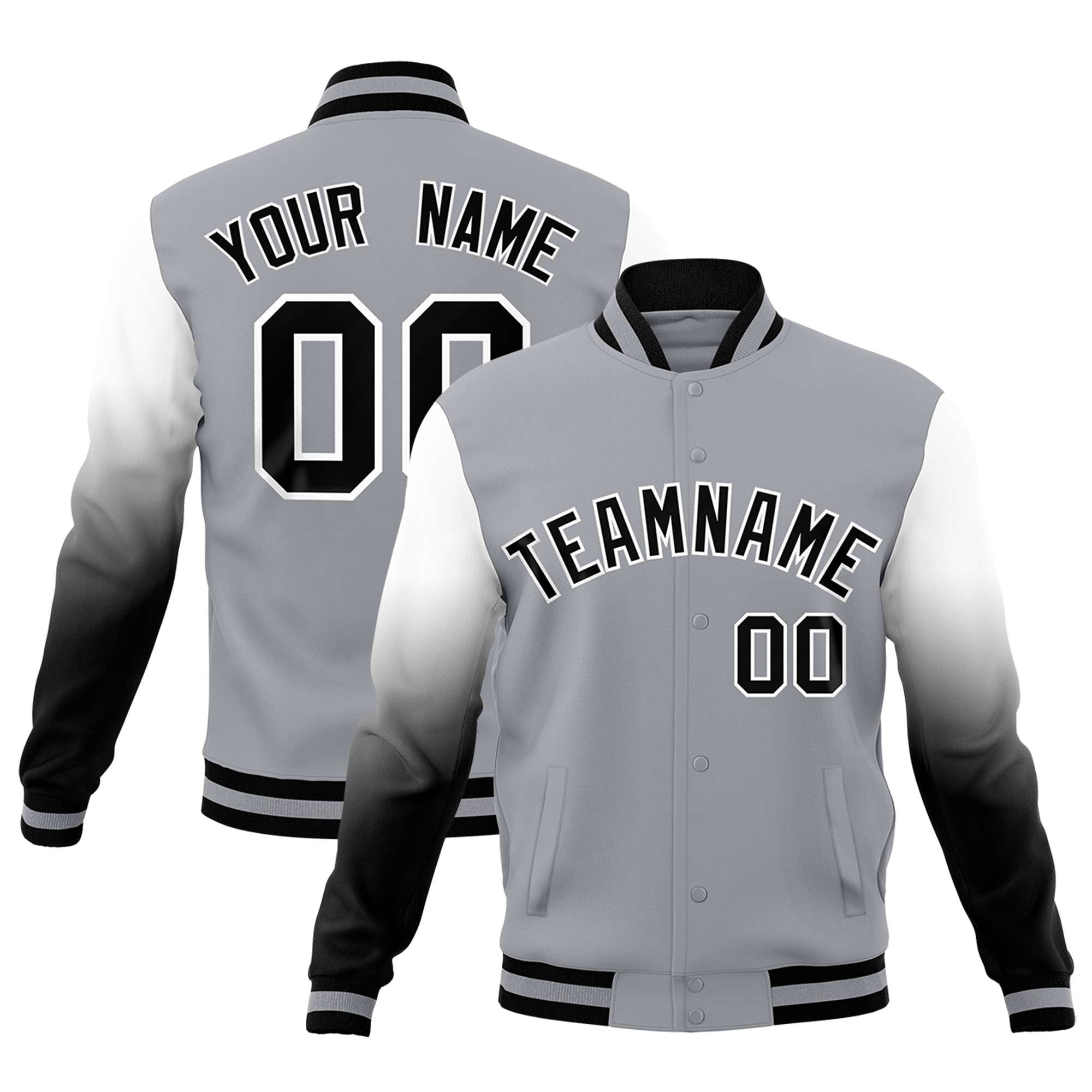 Custom Gray Black White Full-Snap Varsity Raglan Sleeves Gradient Letterman Jacket| KXKSHOP