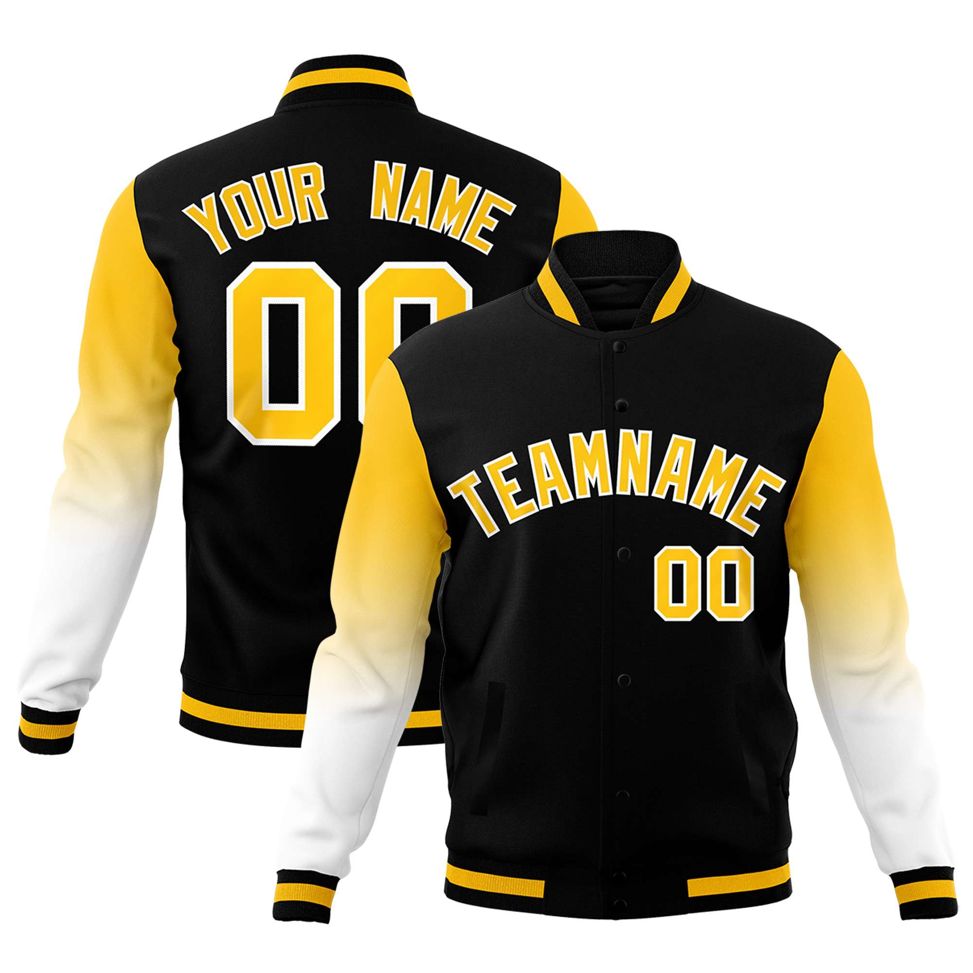 Custom Black Gold White Full-Snap Varsity Raglan Sleeves Gradient Letterman Jacket| KXKSHOP