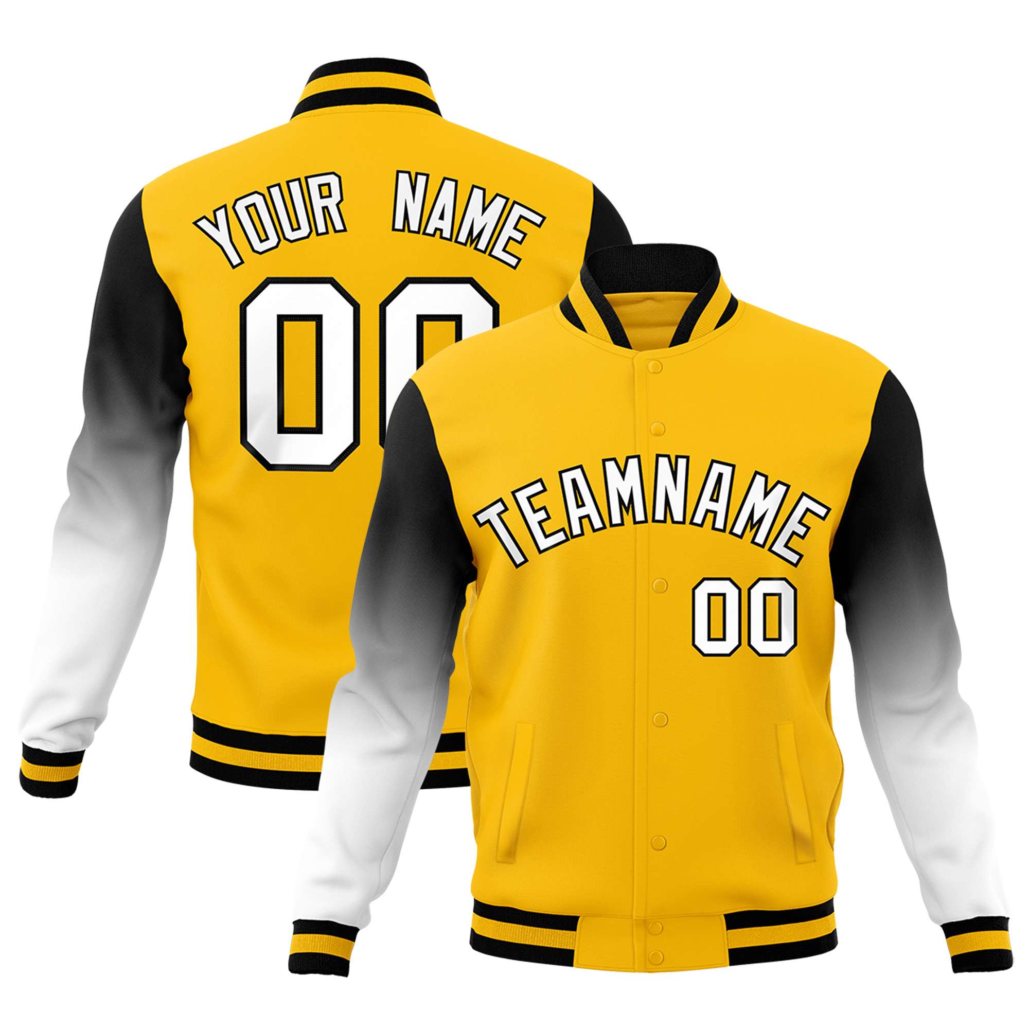 Custom Gold White Black Full-Snap Varsity Raglan Sleeves Gradient Letterman Jacket| KXKSHOP