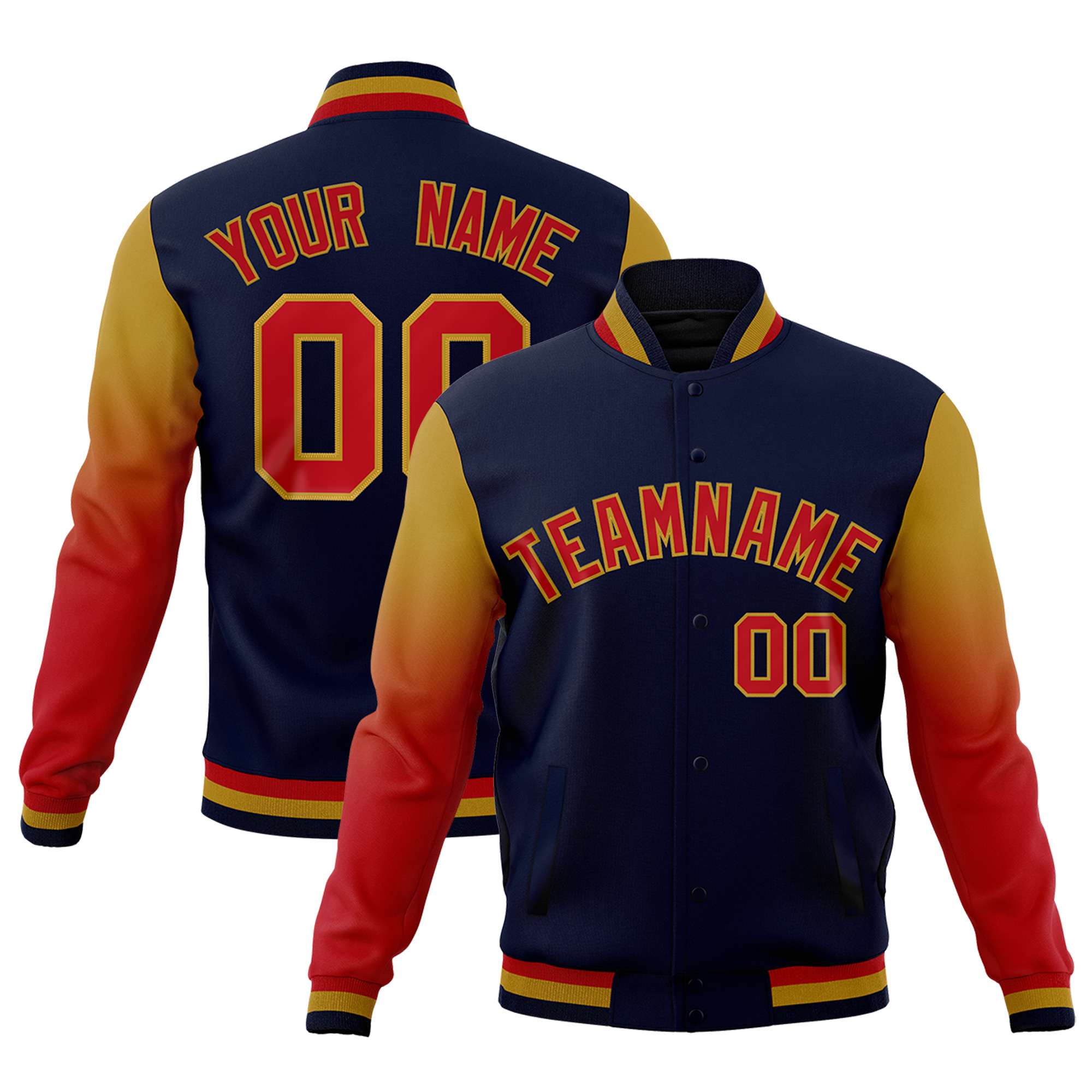Custom Navy Red Old Gold Full-Snap Varsity Raglan Sleeves Gradient Letterman Jacket| KXKSHOP