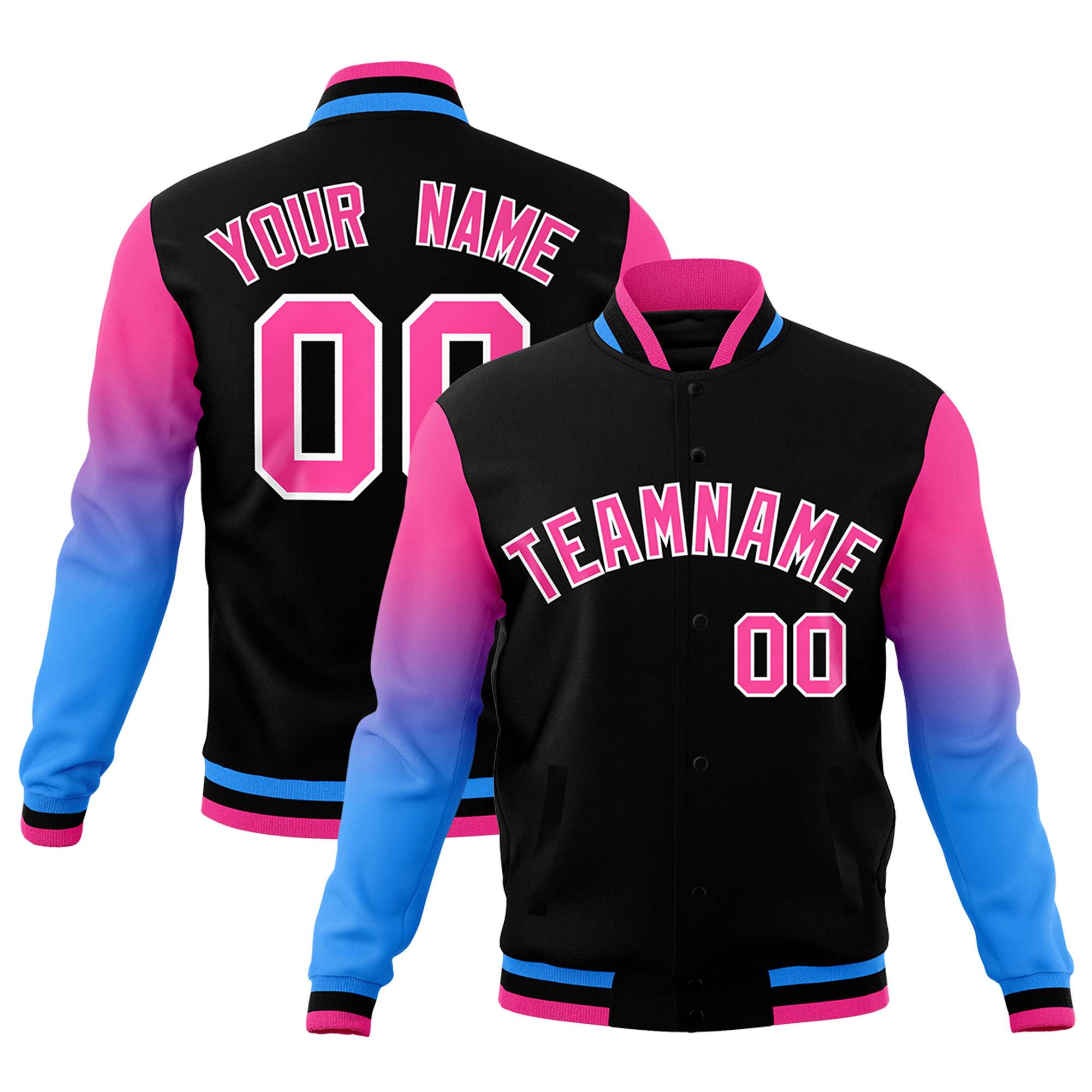 Custom Black Pink White Full-Snap Varsity Raglan Sleeves Gradient Letterman Jacket| KXKSHOP