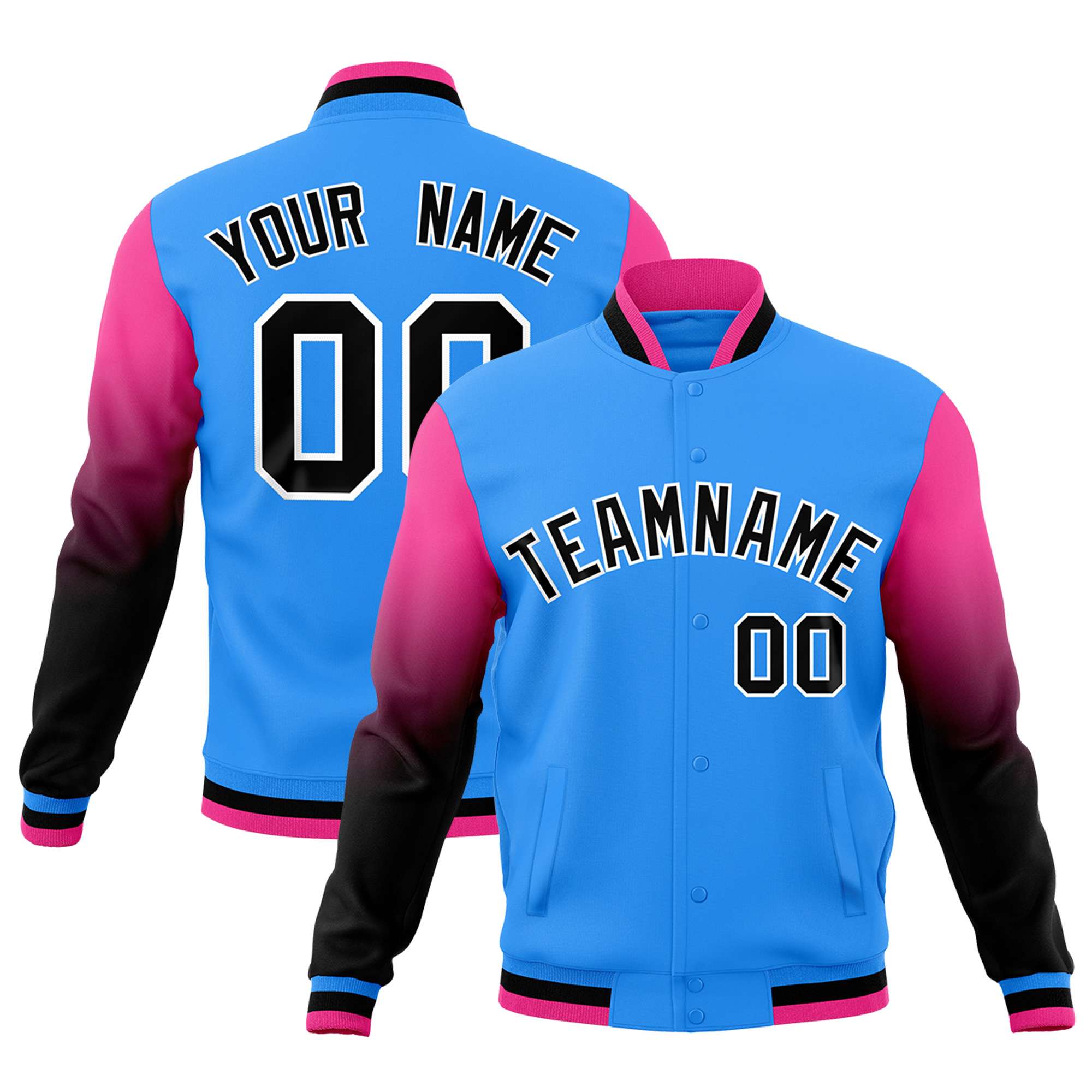 Custom Powder Blue Black White Full-Snap Varsity Raglan Sleeves Gradient Letterman Jacket| KXKSHOP