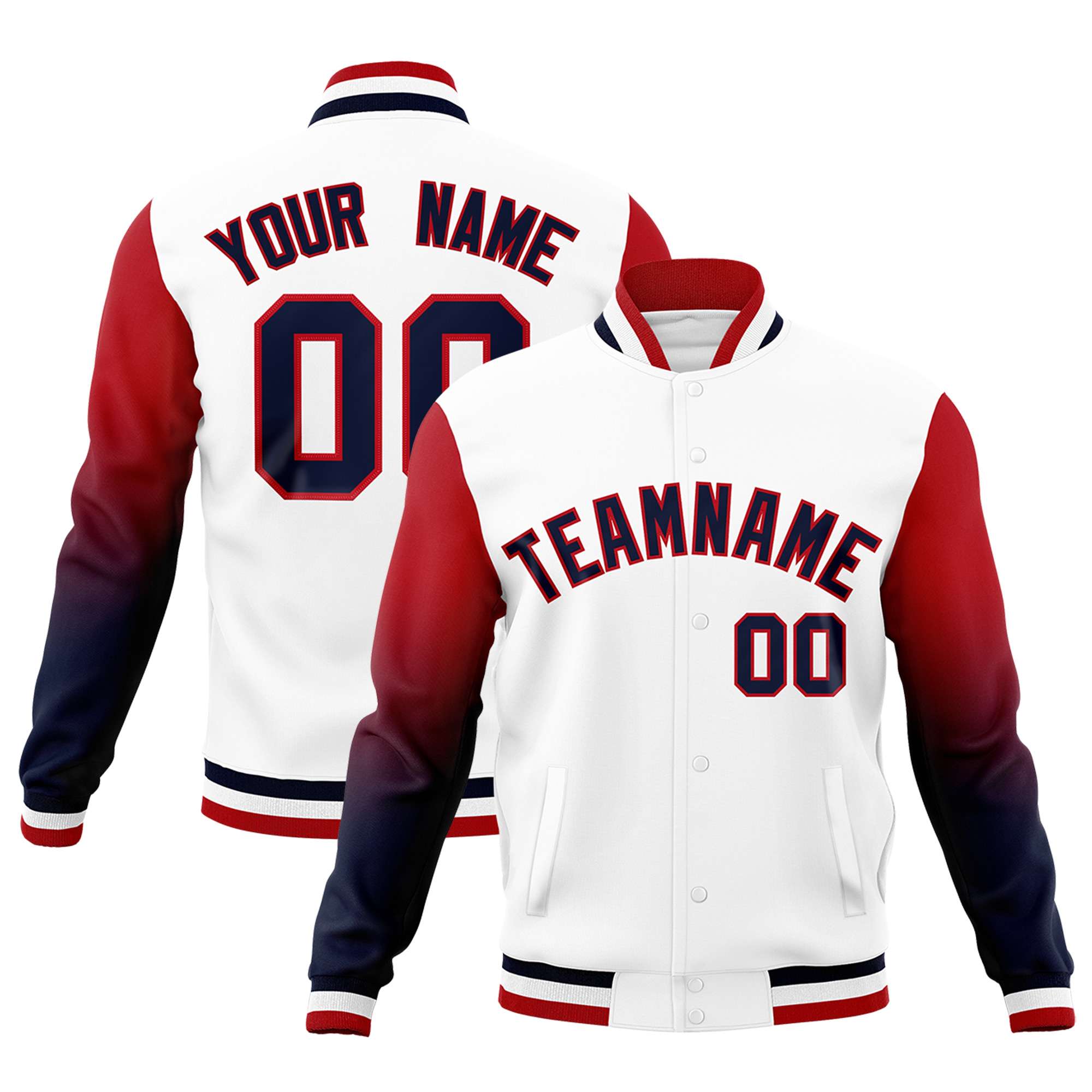 Custom White Navy Red Full-Snap Varsity Raglan Sleeves Gradient Letterman Jacket| KXKSHOP
