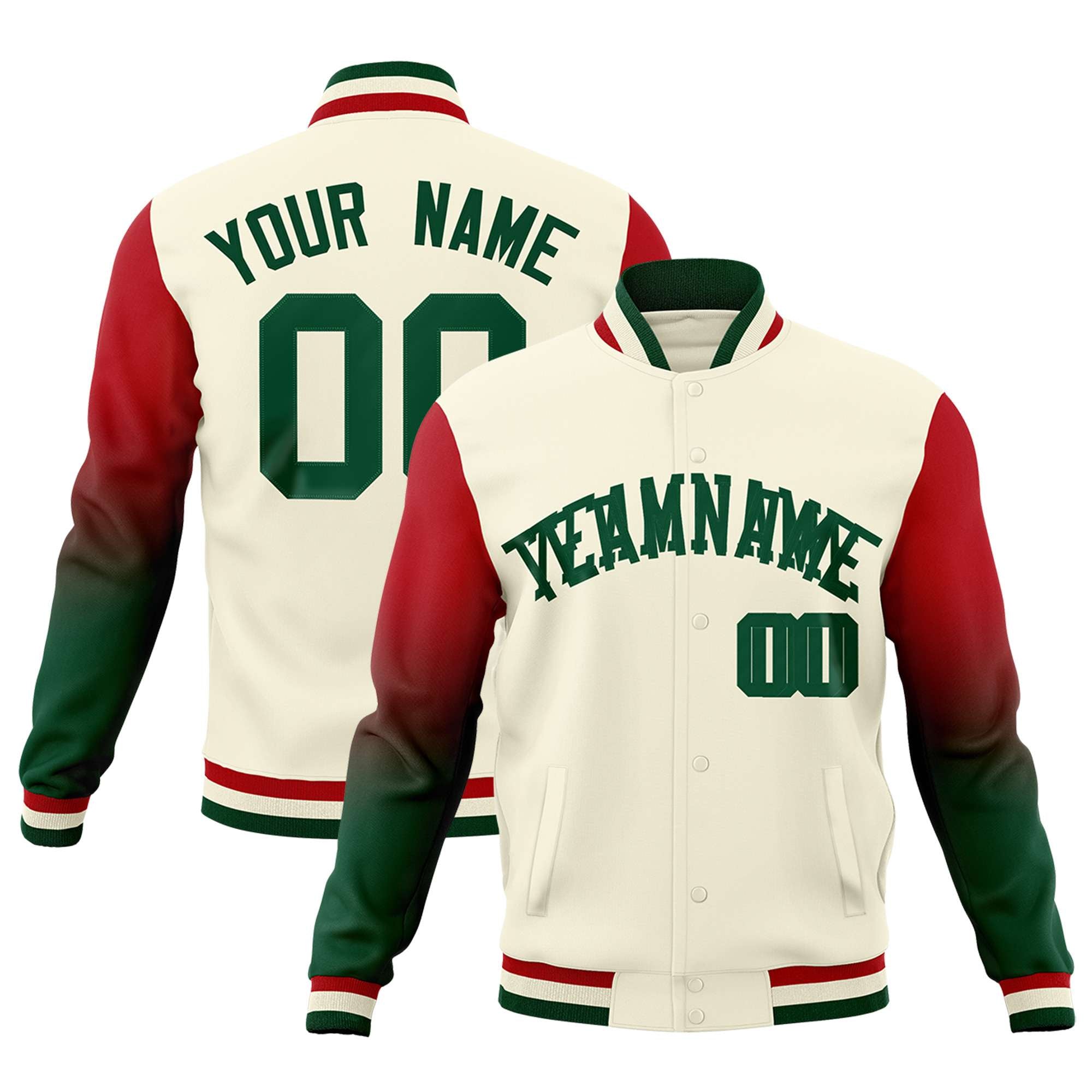 Custom Cream Green Red Full-Snap Varsity Raglan Sleeves Gradient Letterman Jacket| KXKSHOP