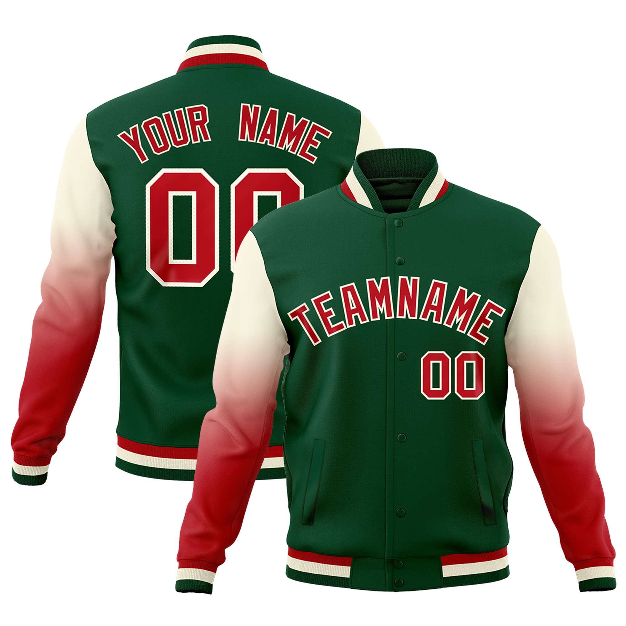 Custom Green Red Cream Full-Snap Varsity Raglan Sleeves Gradient Letterman Jacket| KXKSHOP