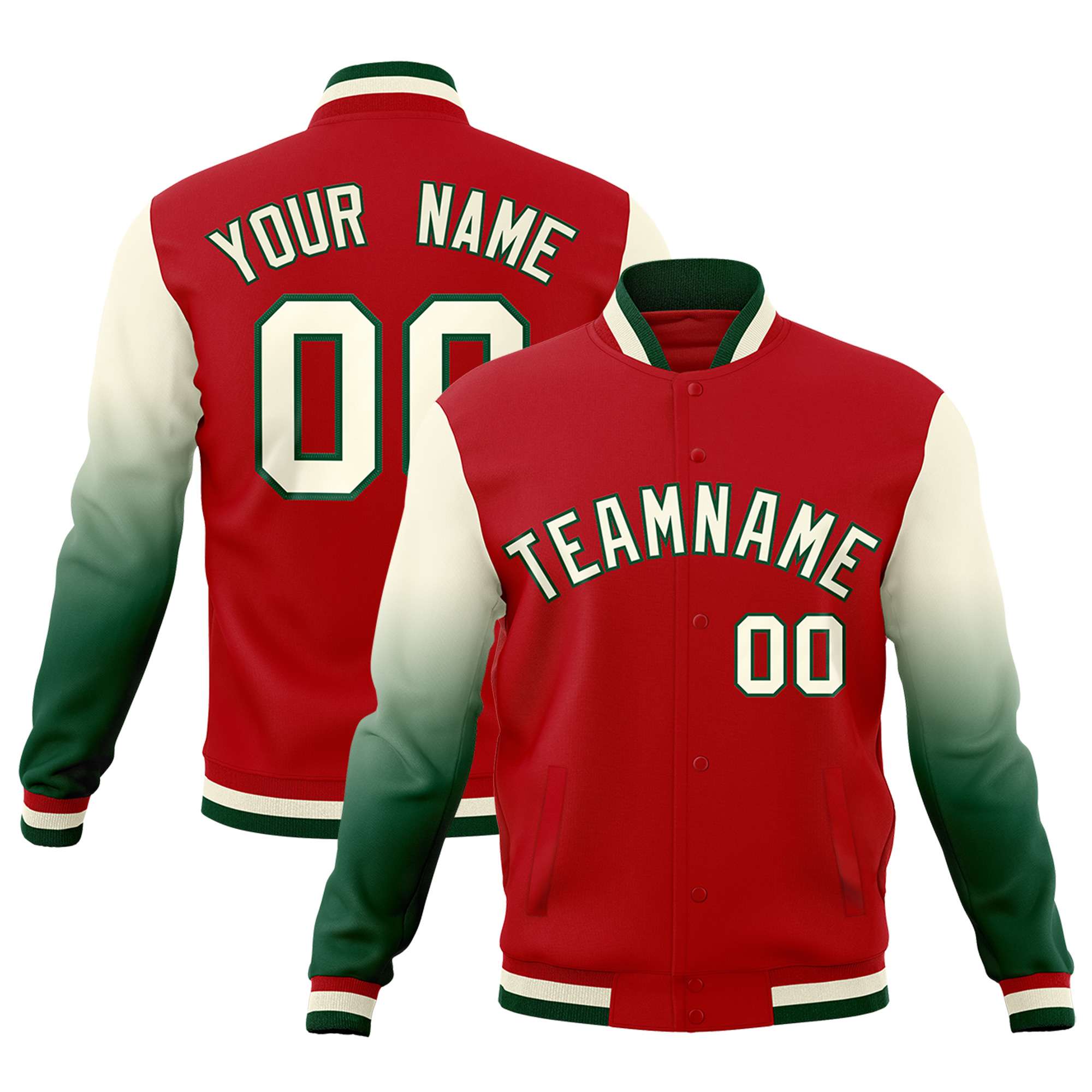 Custom Red Cream Green Full-Snap Varsity Raglan Sleeves Gradient Letterman Jacket| KXKSHOP