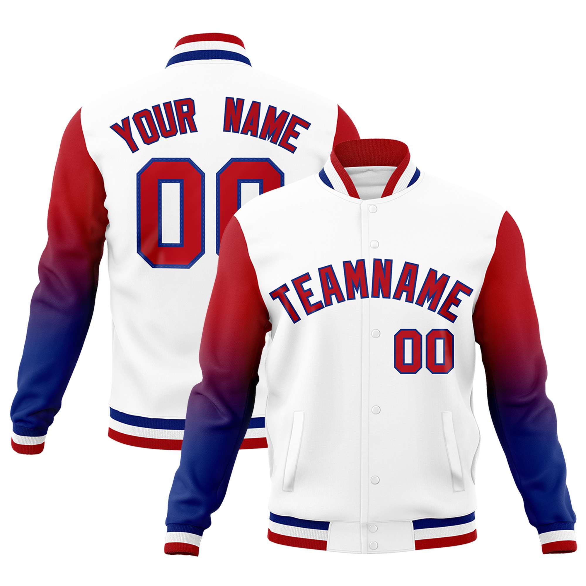 Custom White Red Royal Full-Snap Varsity Raglan Sleeves Gradient Letterman Jacket| KXKSHOP