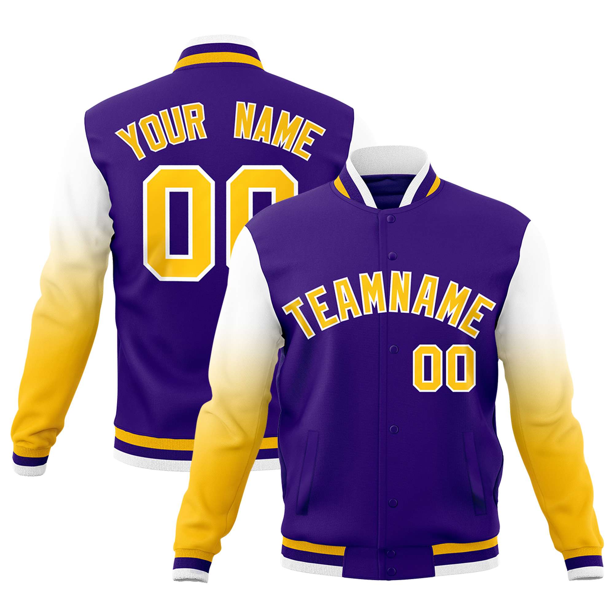 Custom Purple Gold White Full-Snap Varsity Raglan Sleeves Gradient Letterman Jacket| KXKSHOP