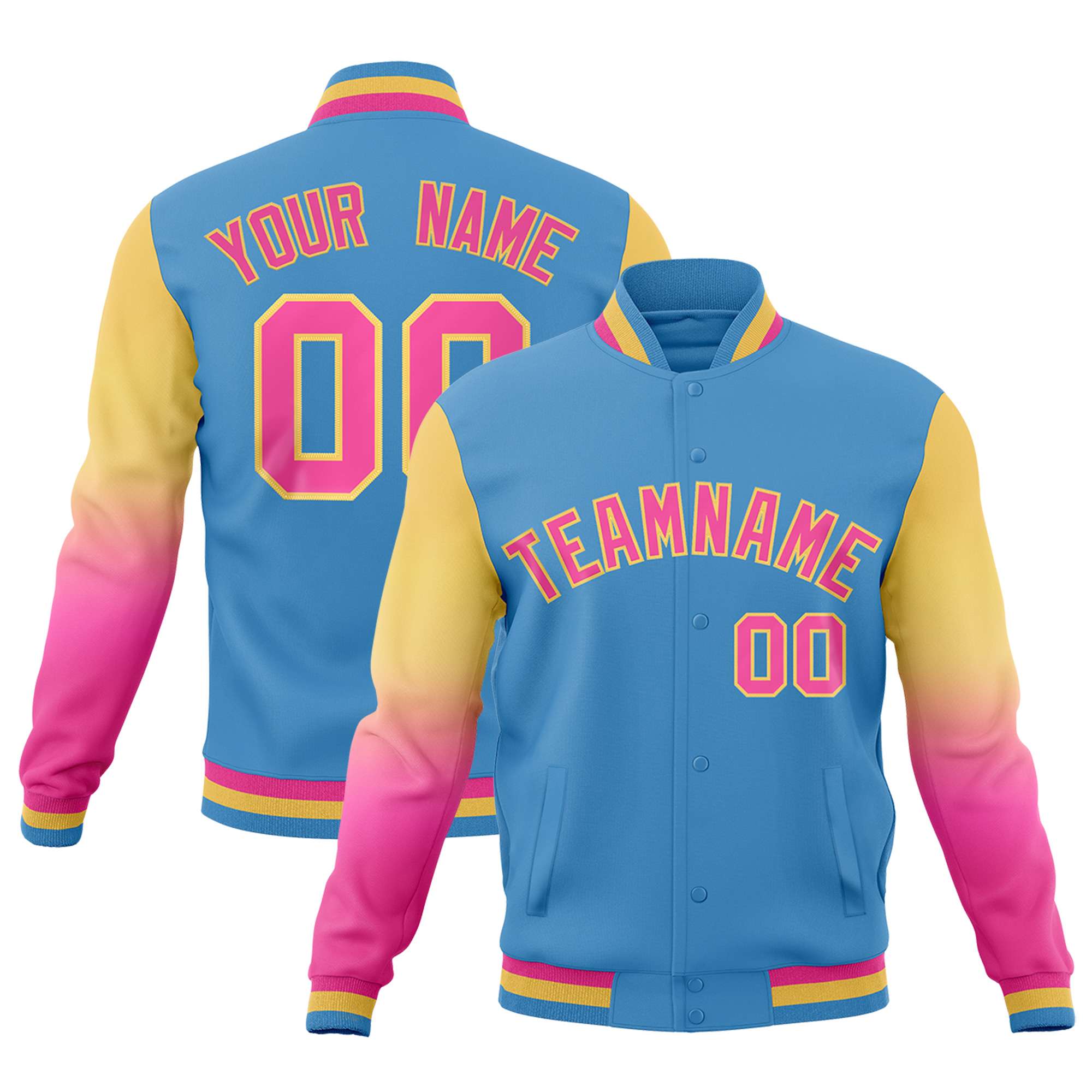 Custom Light blue Pink Cream Full-Snap Varsity Raglan Sleeves Gradient Letterman Jacket| KXKSHOP