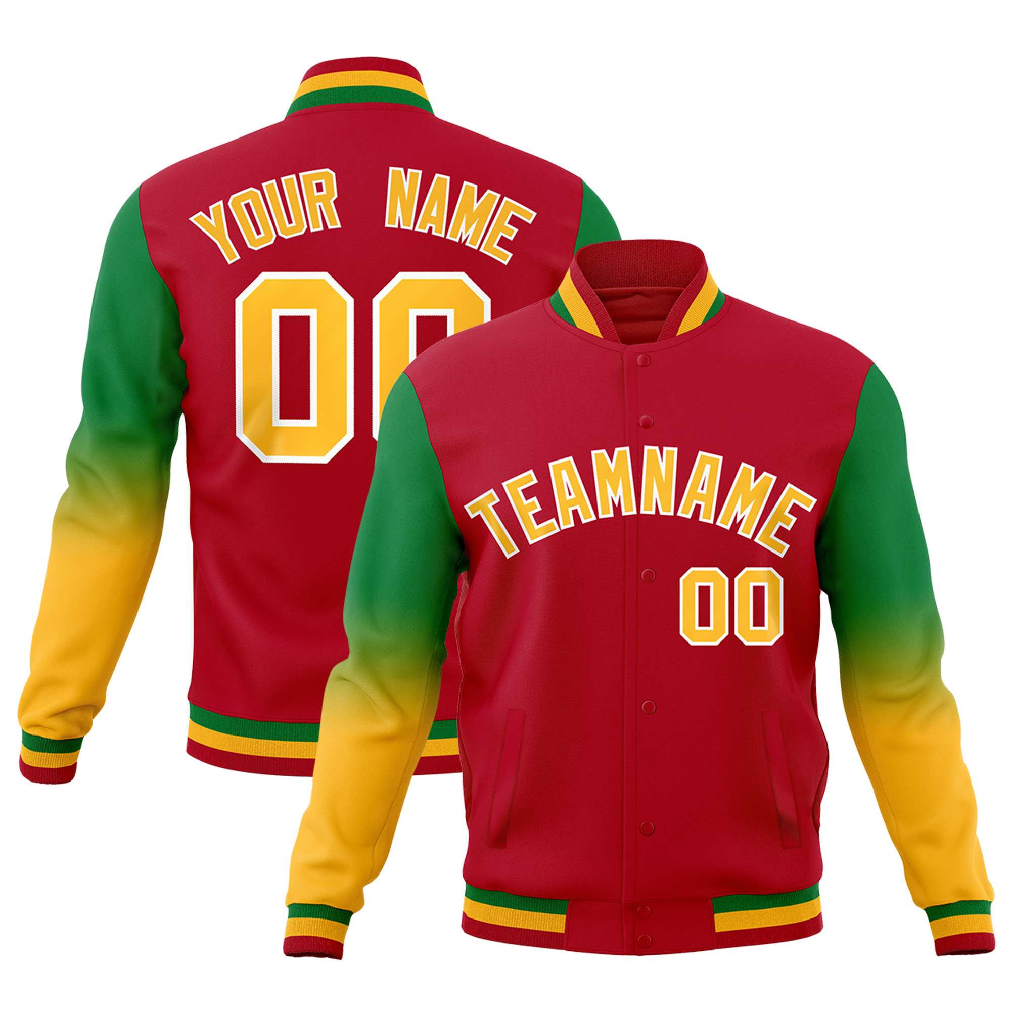 Custom Red Gold White Full-Snap Varsity Raglan Sleeves Gradient Letterman Jacket| KXKSHOP