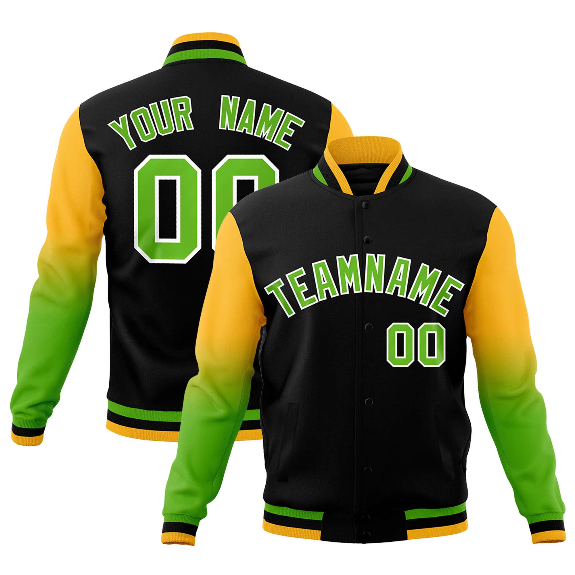 Custom Black Green White Full-Snap Varsity Raglan Sleeves Gradient Letterman Jacket| KXKSHOP
