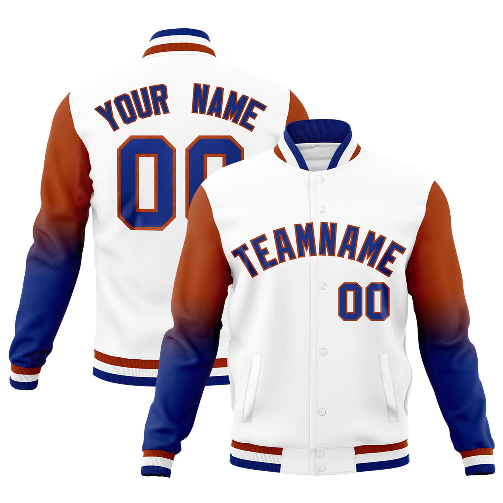 Custom White Royal Blue Dark Orange Full-Snap Varsity Raglan Sleeves Gradient Letterman Jacket| KXKSHOP