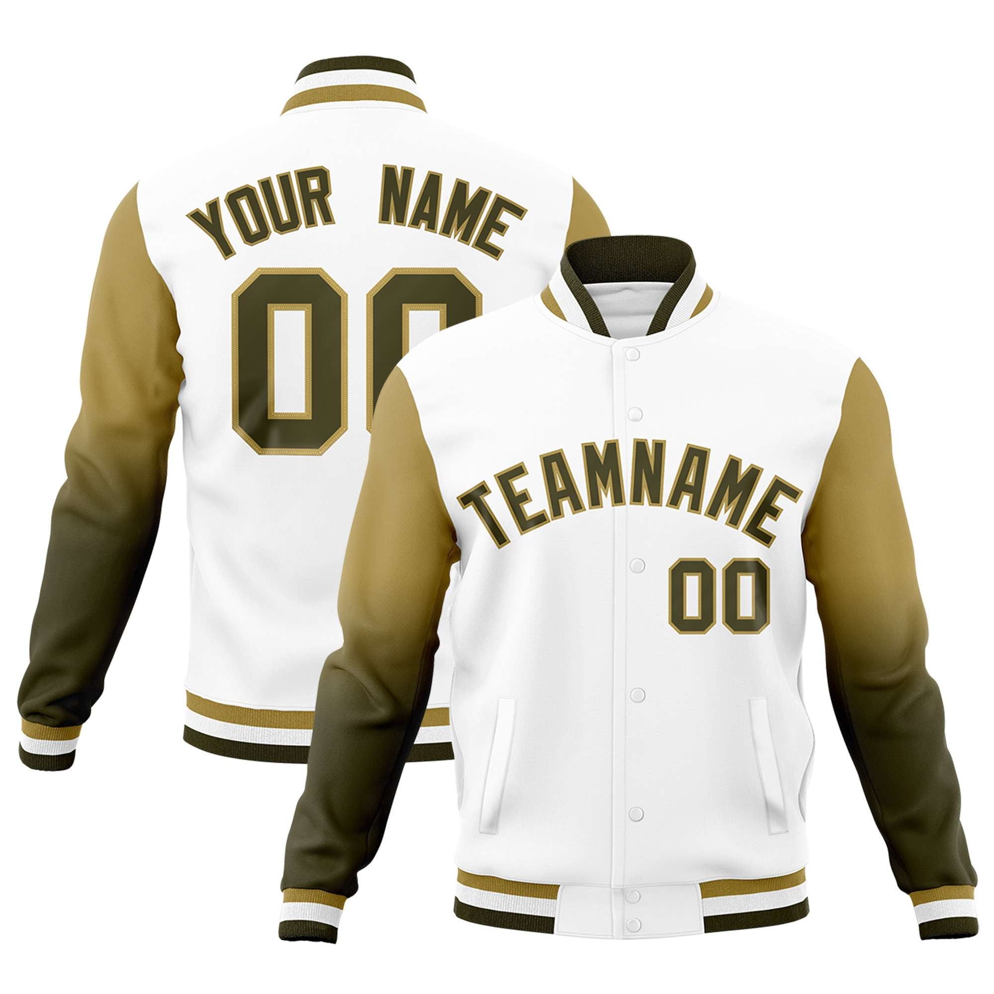 Custom White Olive Desert Yellow Full-Snap Varsity Raglan Sleeves Gradient Letterman Jacket| KXKSHOP