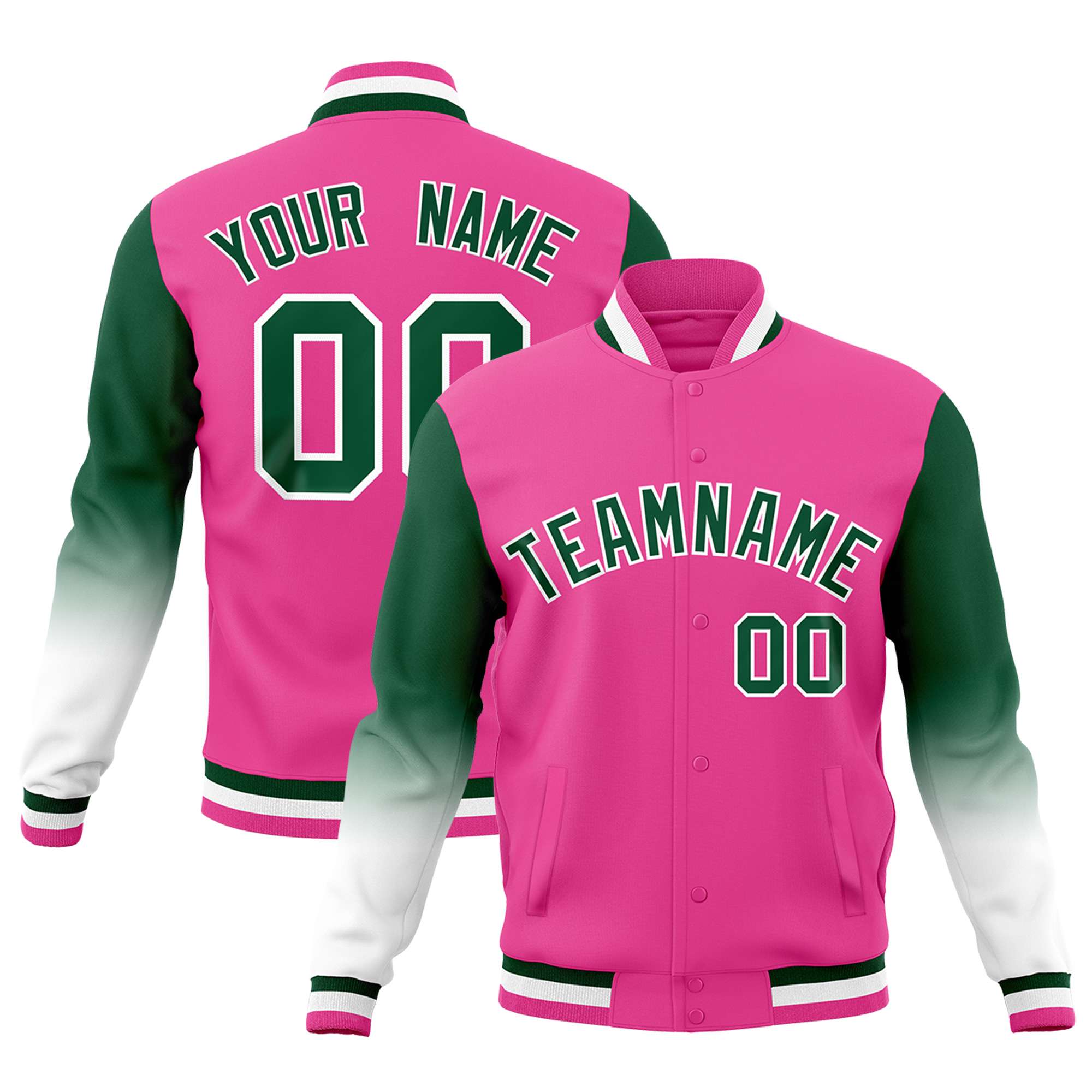 Custom Pink Green White Full-Snap Varsity Raglan Sleeves Gradient Letterman Jacket| KXKSHOP