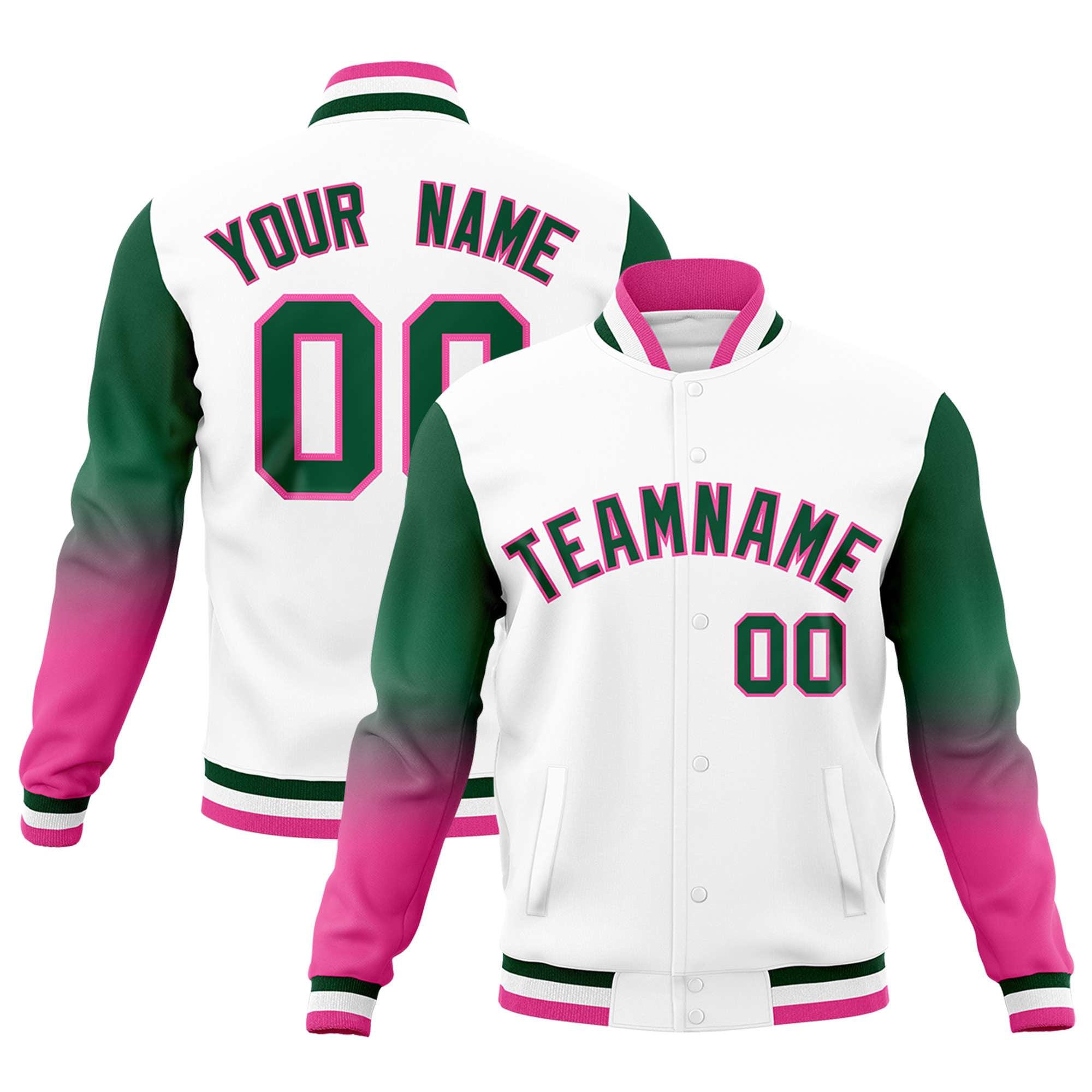 Custom White Green Pink Full-Snap Varsity Raglan Sleeves Gradient Letterman Jacket| KXKSHOP