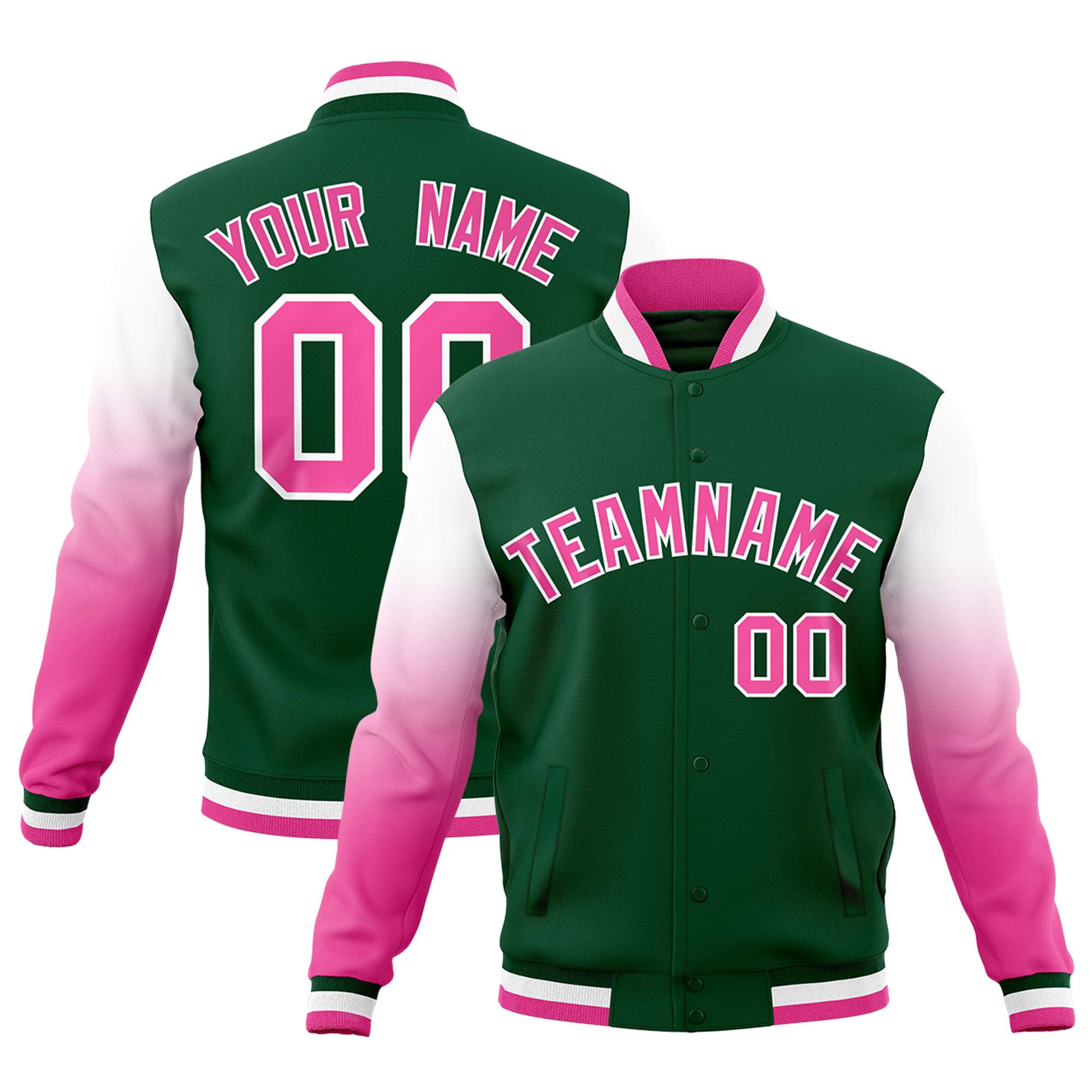 Custom Green Pink White Full-Snap Varsity Raglan Sleeves Gradient Letterman Jacket| KXKSHOP